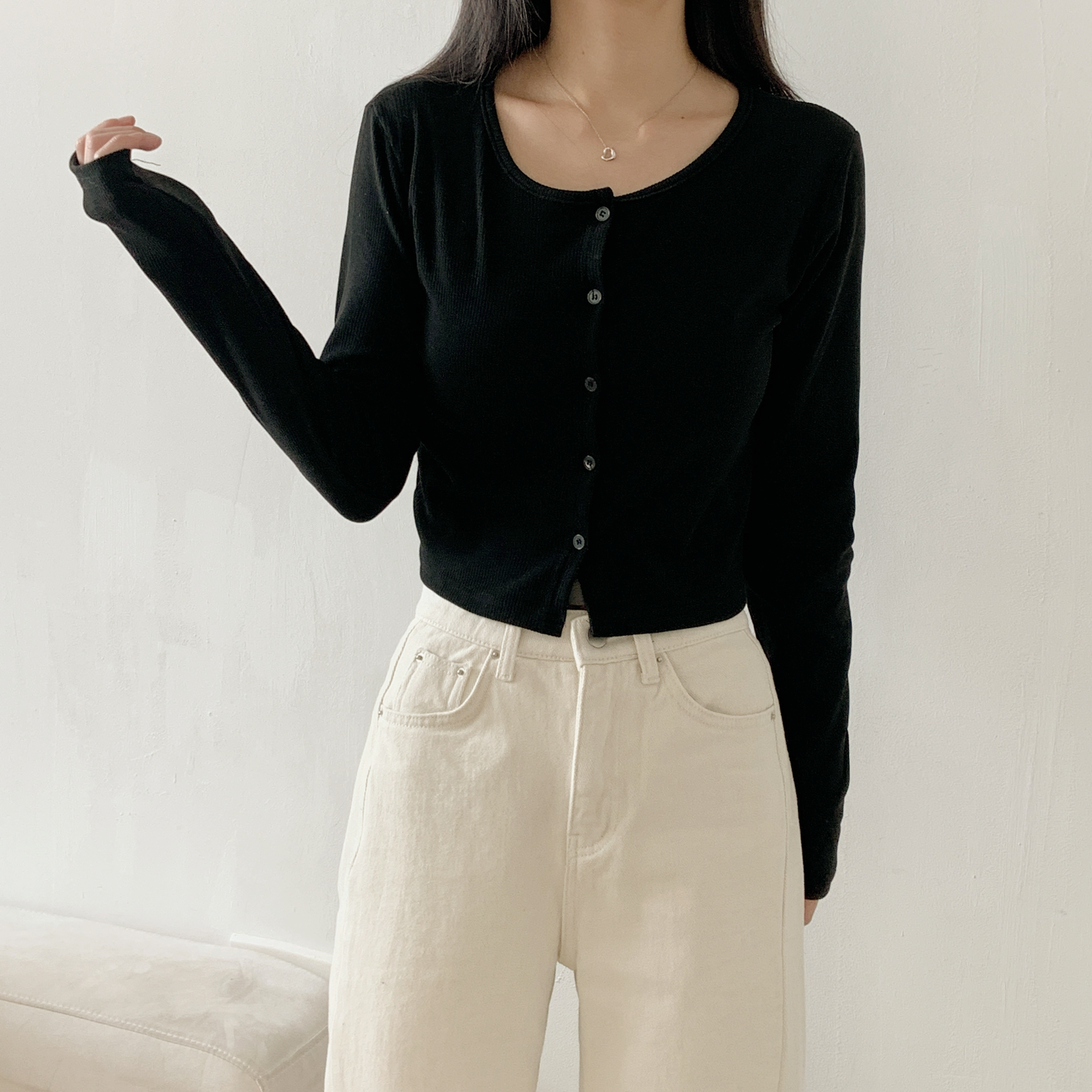 リブボタンラウンドネックシンプルカラーカーディガン | 詳細画像17