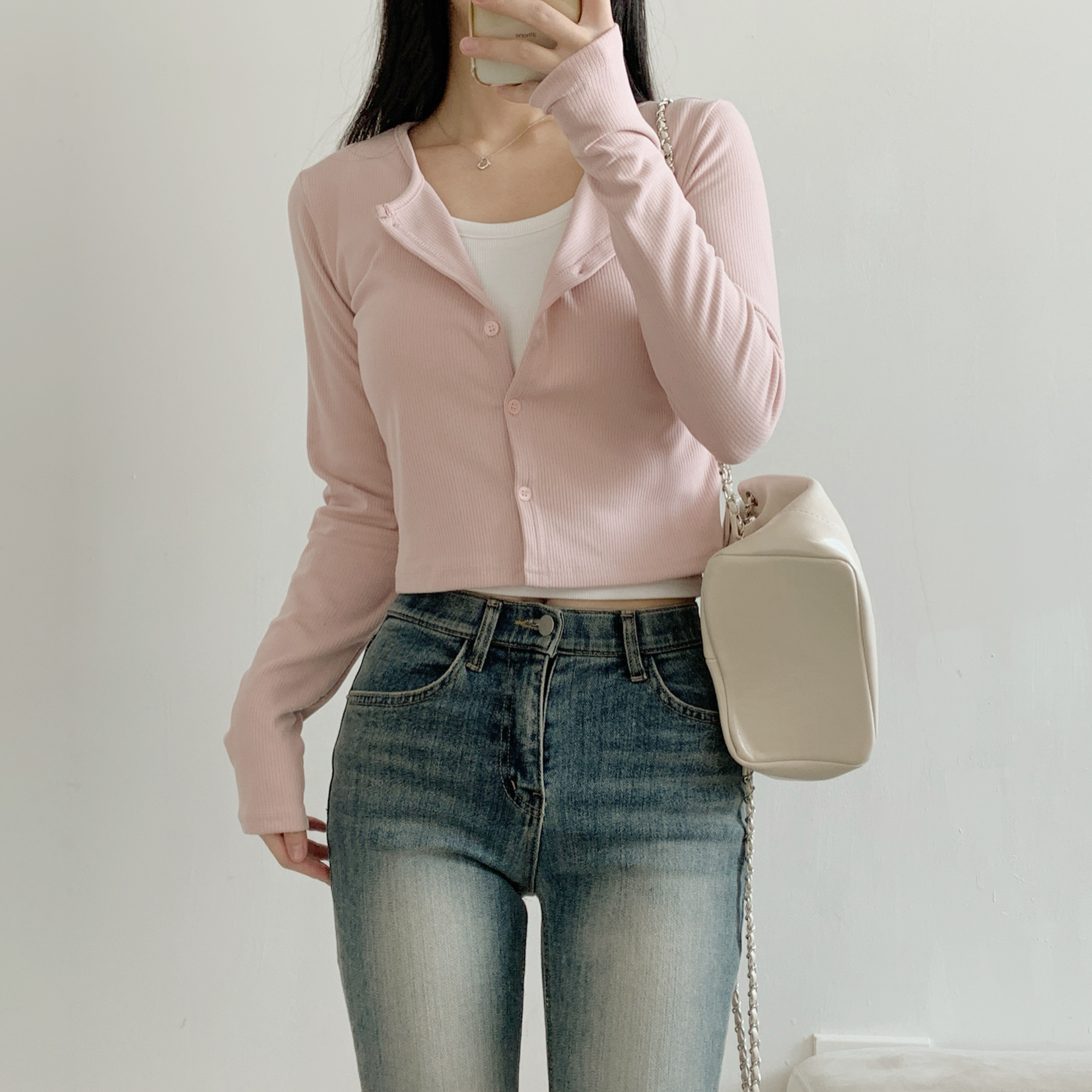 リブボタンラウンドネックシンプルカラーカーディガン | 詳細画像7