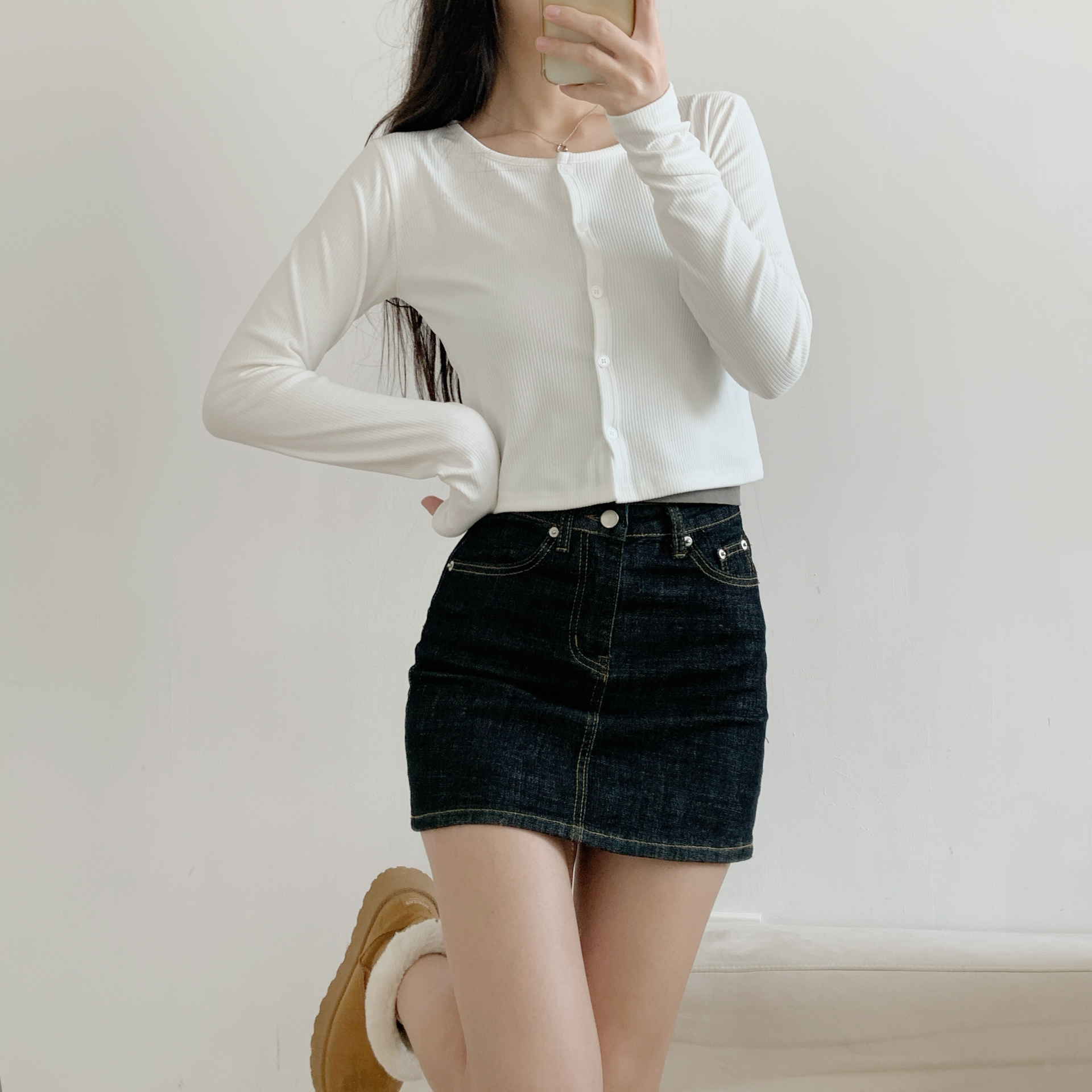 リブボタンラウンドネックシンプルカラーカーディガン | 詳細画像12