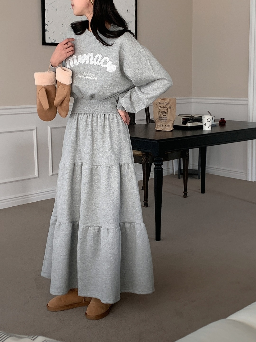 裏起毛ラウンドネックティアードウエストゴムクロップドカラーセットアップ | 詳細画像4