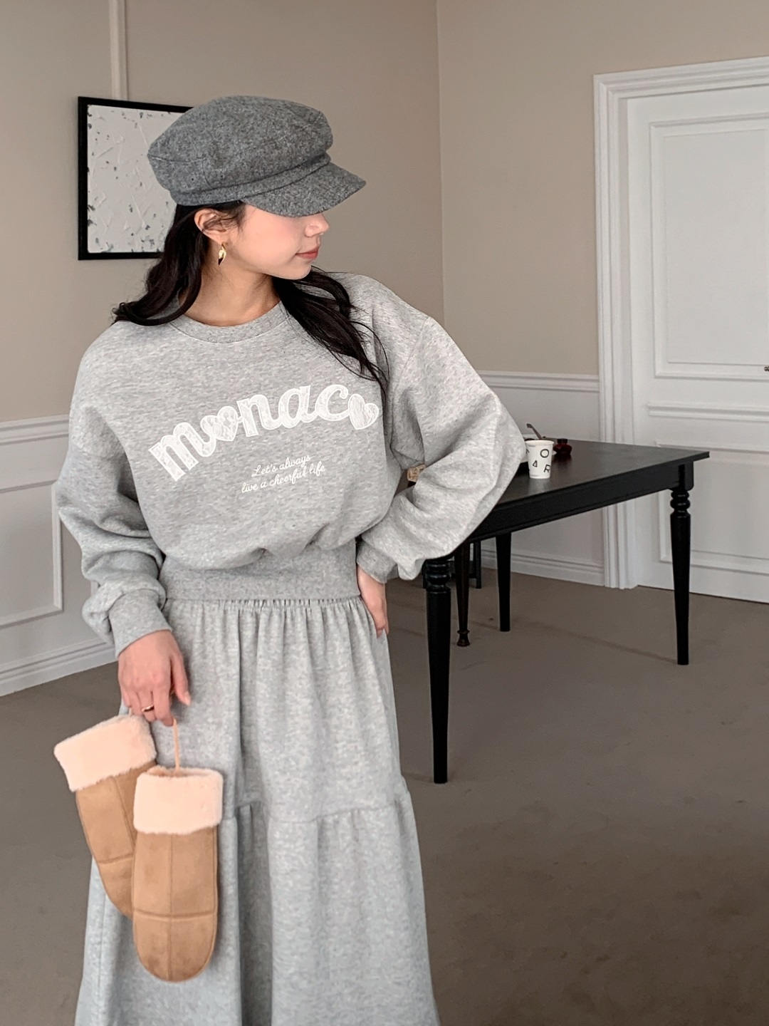 裏起毛ラウンドネックティアードウエストゴムクロップドカラーセットアップ | 詳細画像5