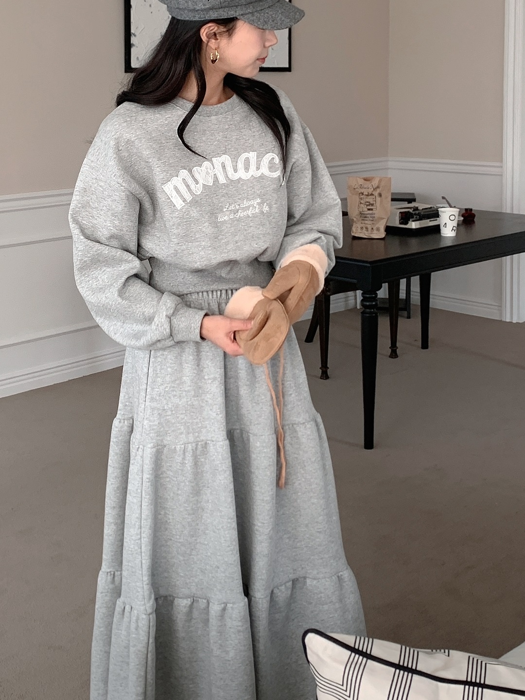 裏起毛ラウンドネックティアードウエストゴムクロップドカラーセットアップ | 詳細画像9