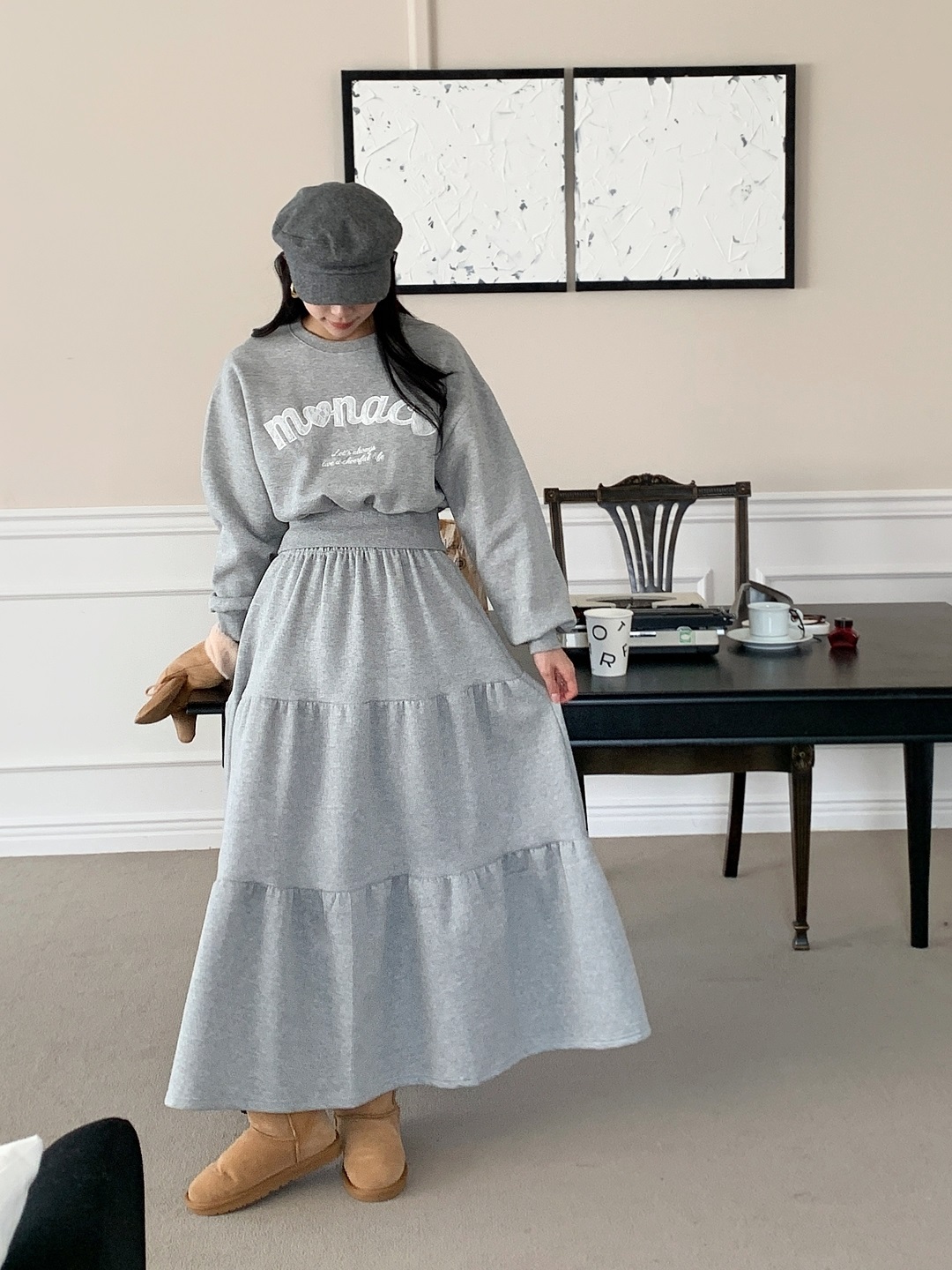 裏起毛ラウンドネックティアードウエストゴムクロップドカラーセットアップ | 詳細画像10