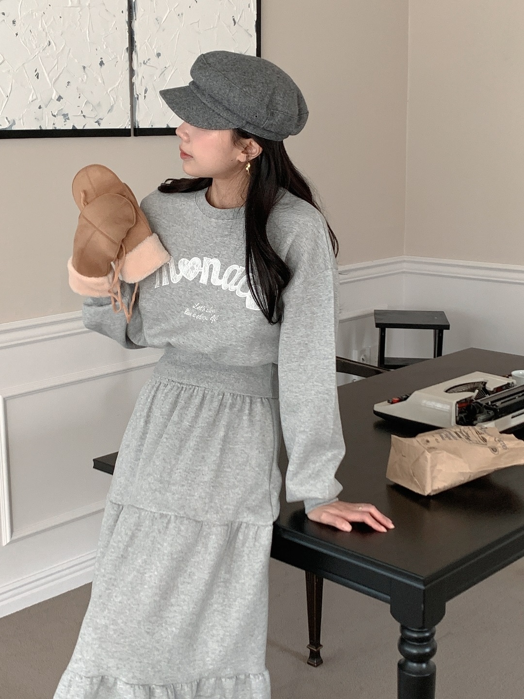 裏起毛ラウンドネックティアードウエストゴムクロップドカラーセットアップ | 詳細画像11