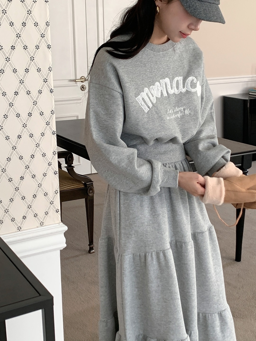 裏起毛ラウンドネックティアードウエストゴムクロップドカラーセットアップ | 詳細画像12