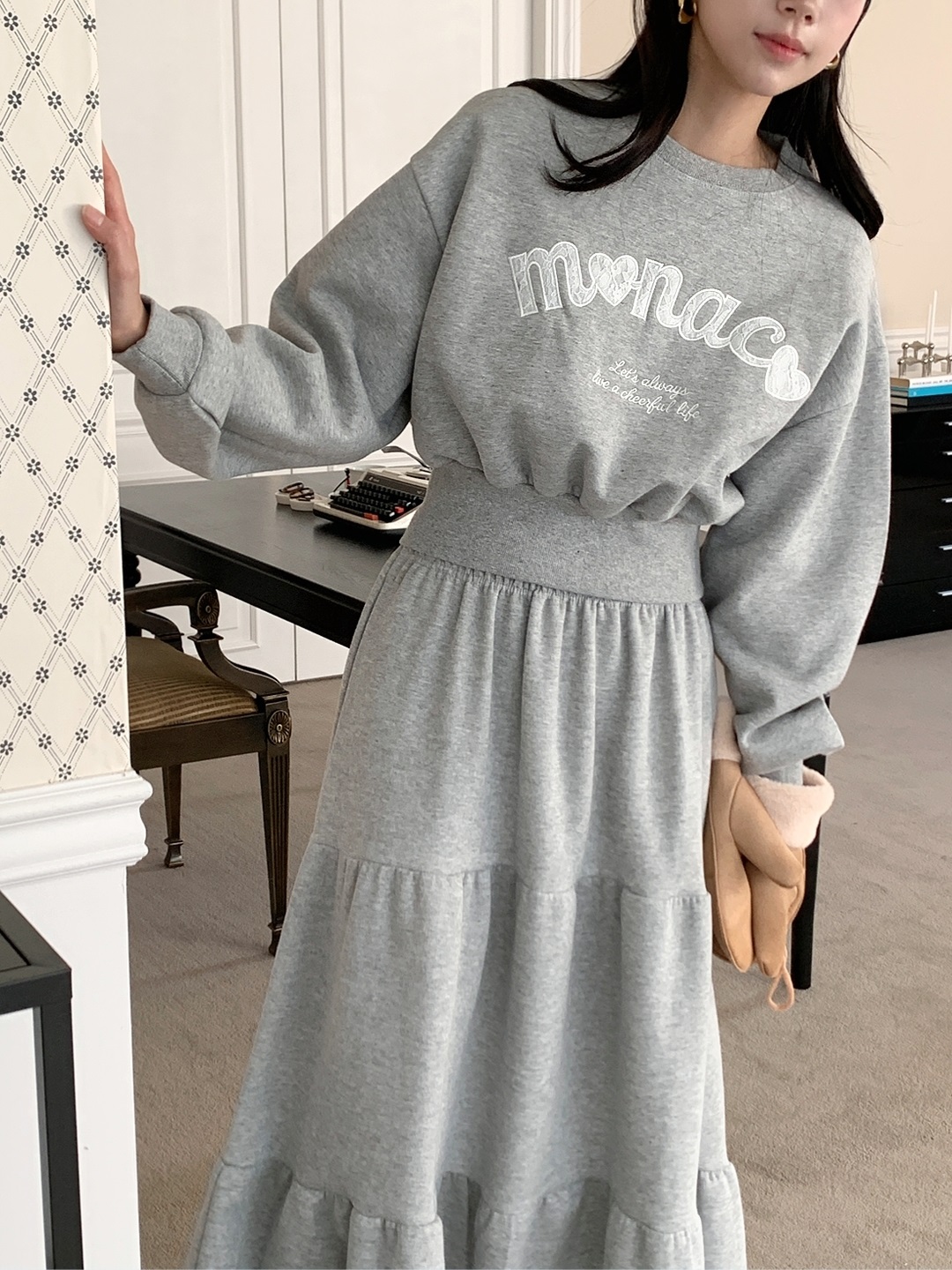 裏起毛ラウンドネックティアードウエストゴムクロップドカラーセットアップ | 詳細画像15