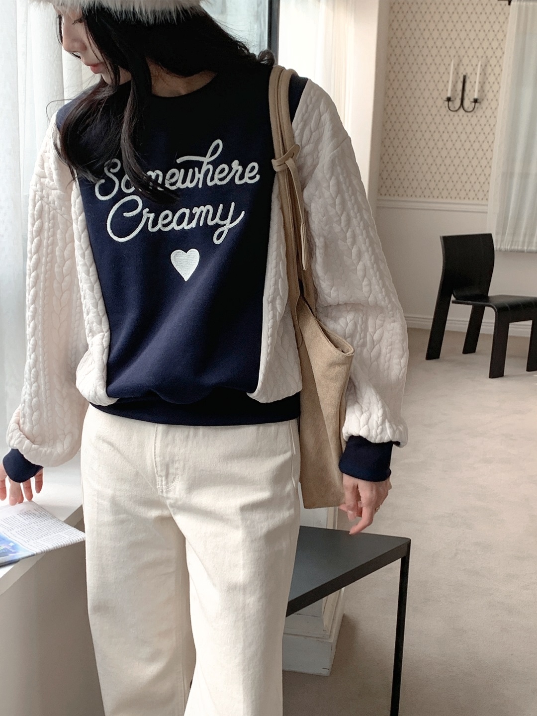 裏起毛ラウンドネック配色ケーブルカラースウェット | 詳細画像2