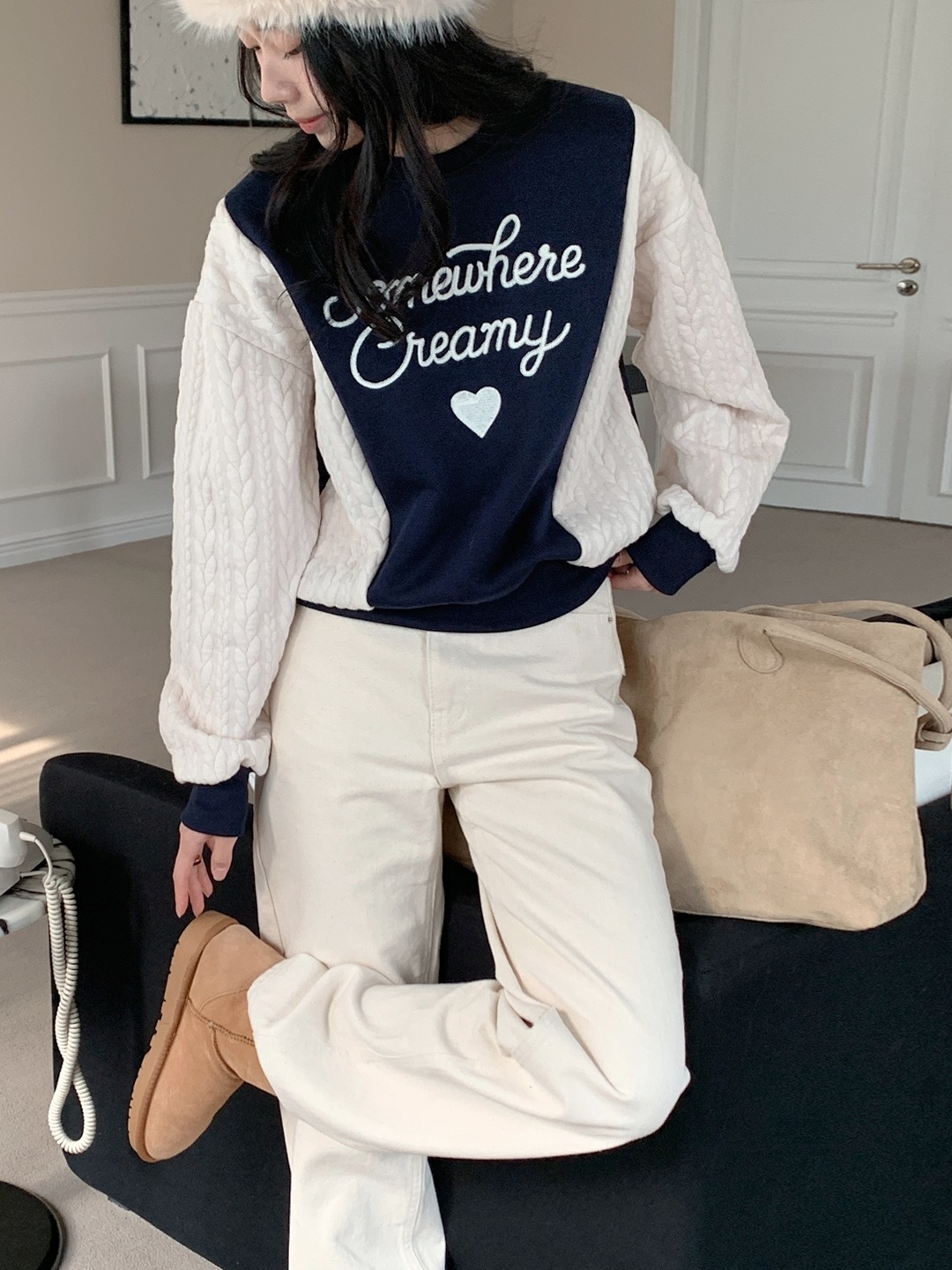 裏起毛ラウンドネック配色ケーブルカラースウェット | 詳細画像4