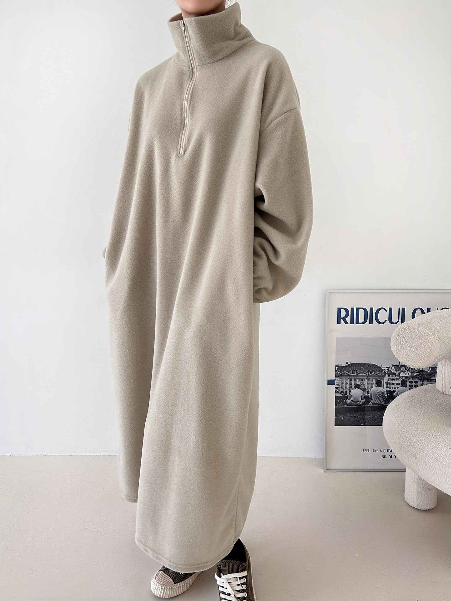 フリースハーフジップボクシーロング長袖カラーワンピース | 詳細画像2