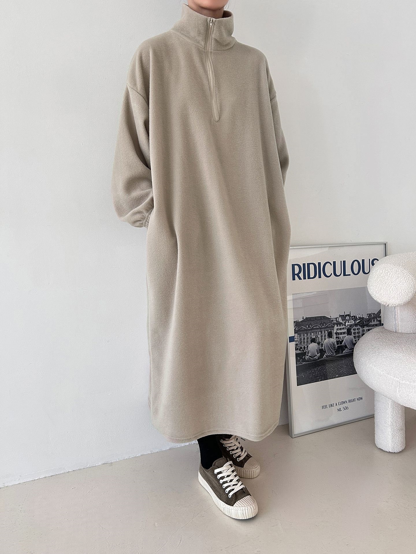 フリースハーフジップボクシーロング長袖カラーワンピース | 詳細画像4