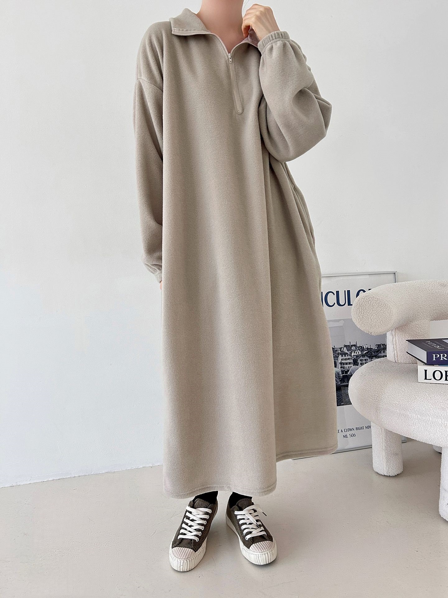 フリースハーフジップボクシーロング長袖カラーワンピース | 詳細画像5