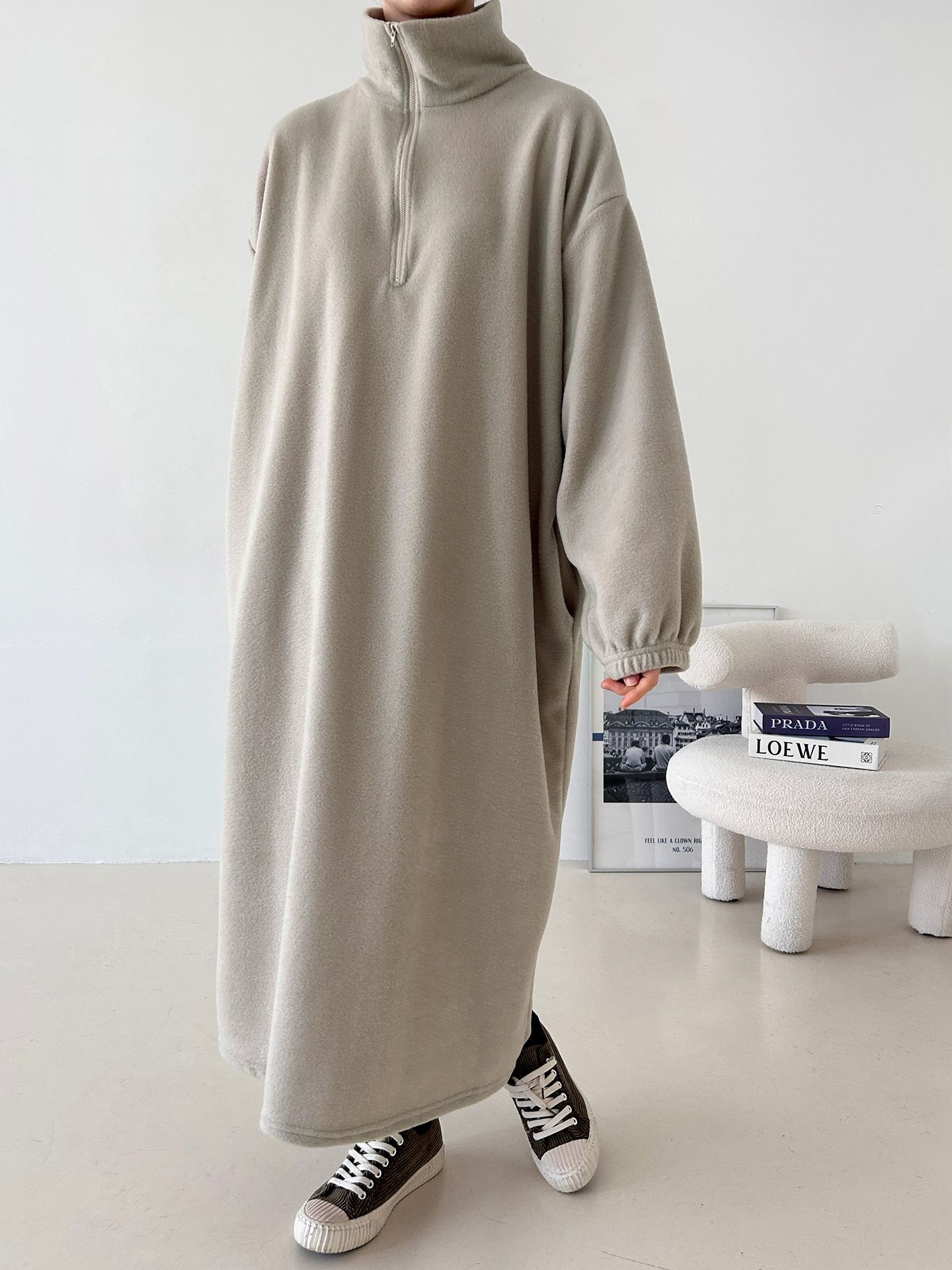 フリースハーフジップボクシーロング長袖カラーワンピース | 詳細画像7