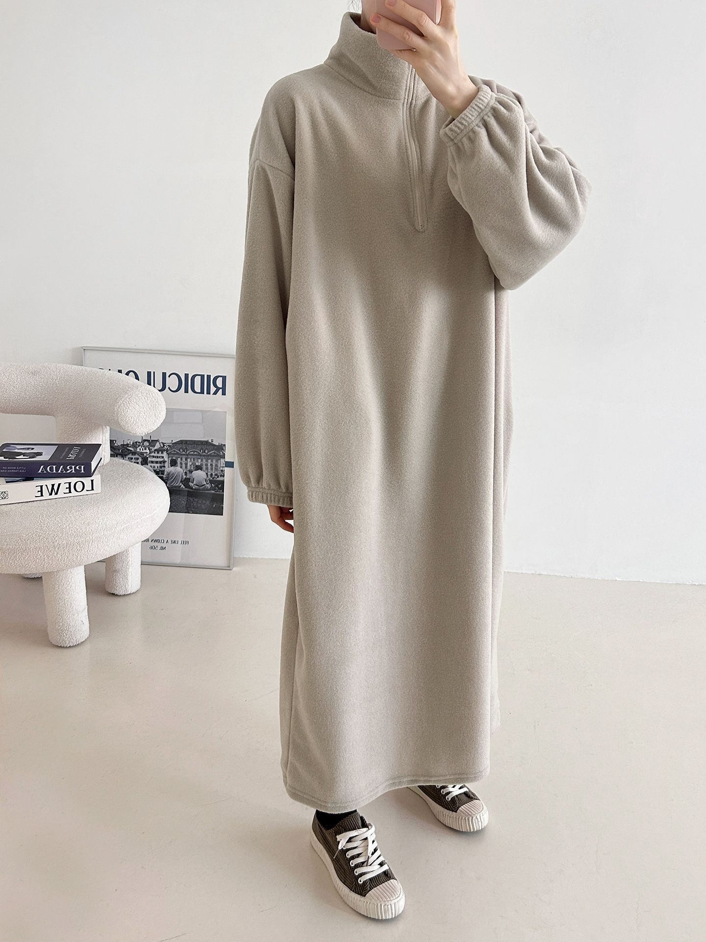 フリースハーフジップボクシーロング長袖カラーワンピース | 詳細画像8