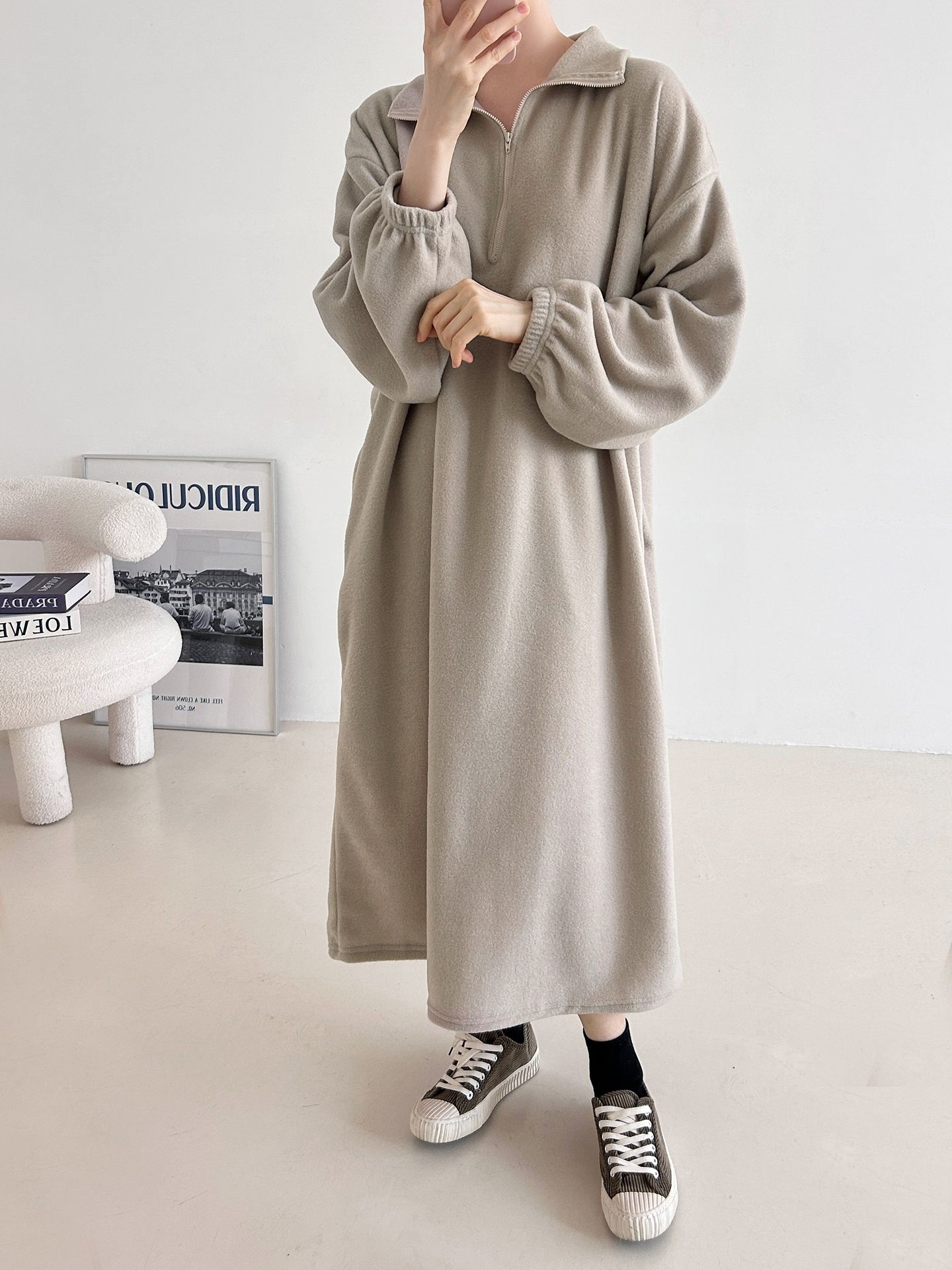 フリースハーフジップボクシーロング長袖カラーワンピース | 詳細画像9