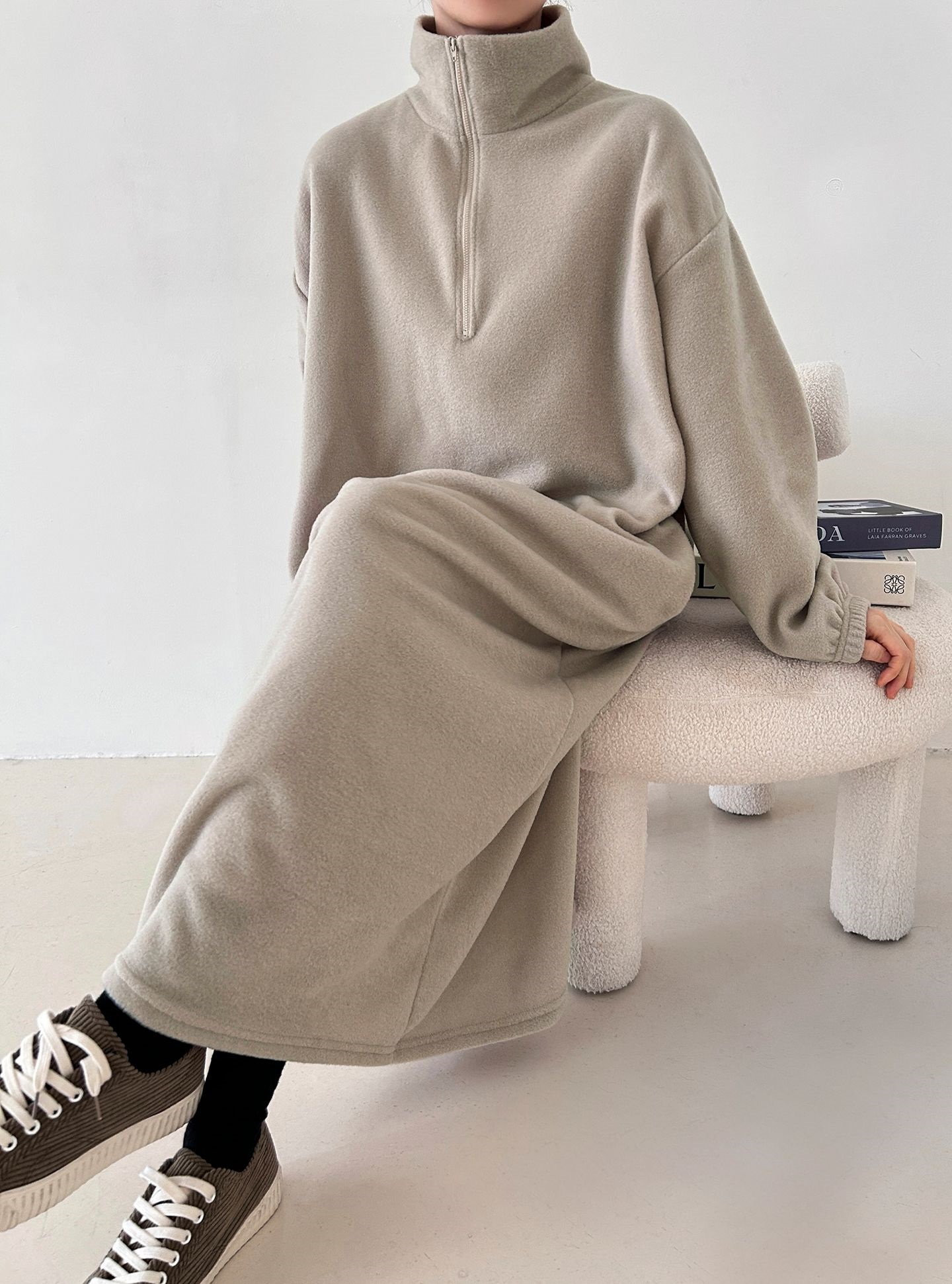 フリースハーフジップボクシーロング長袖カラーワンピース | 詳細画像10