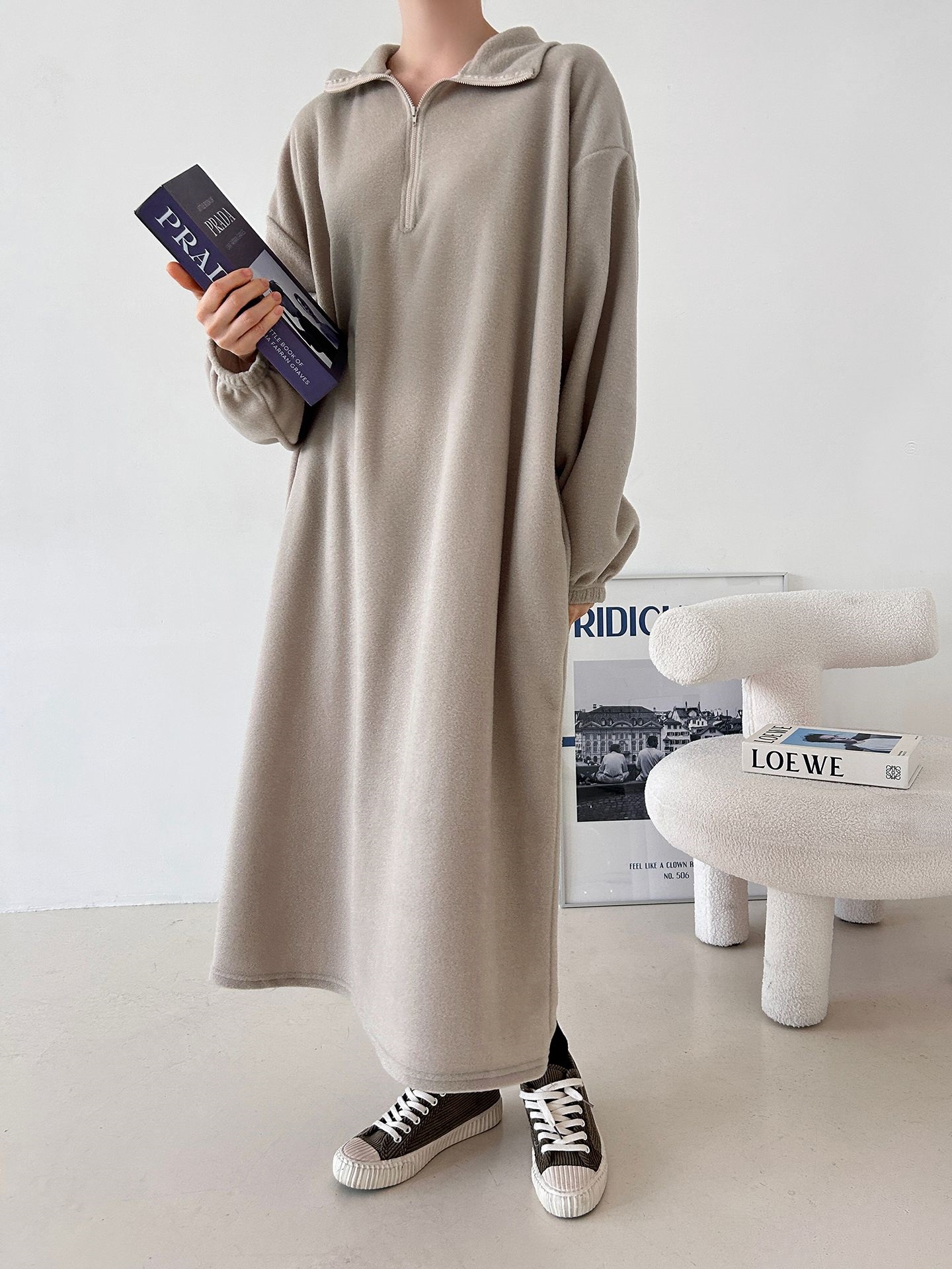 フリースハーフジップボクシーロング長袖カラーワンピース | 詳細画像11