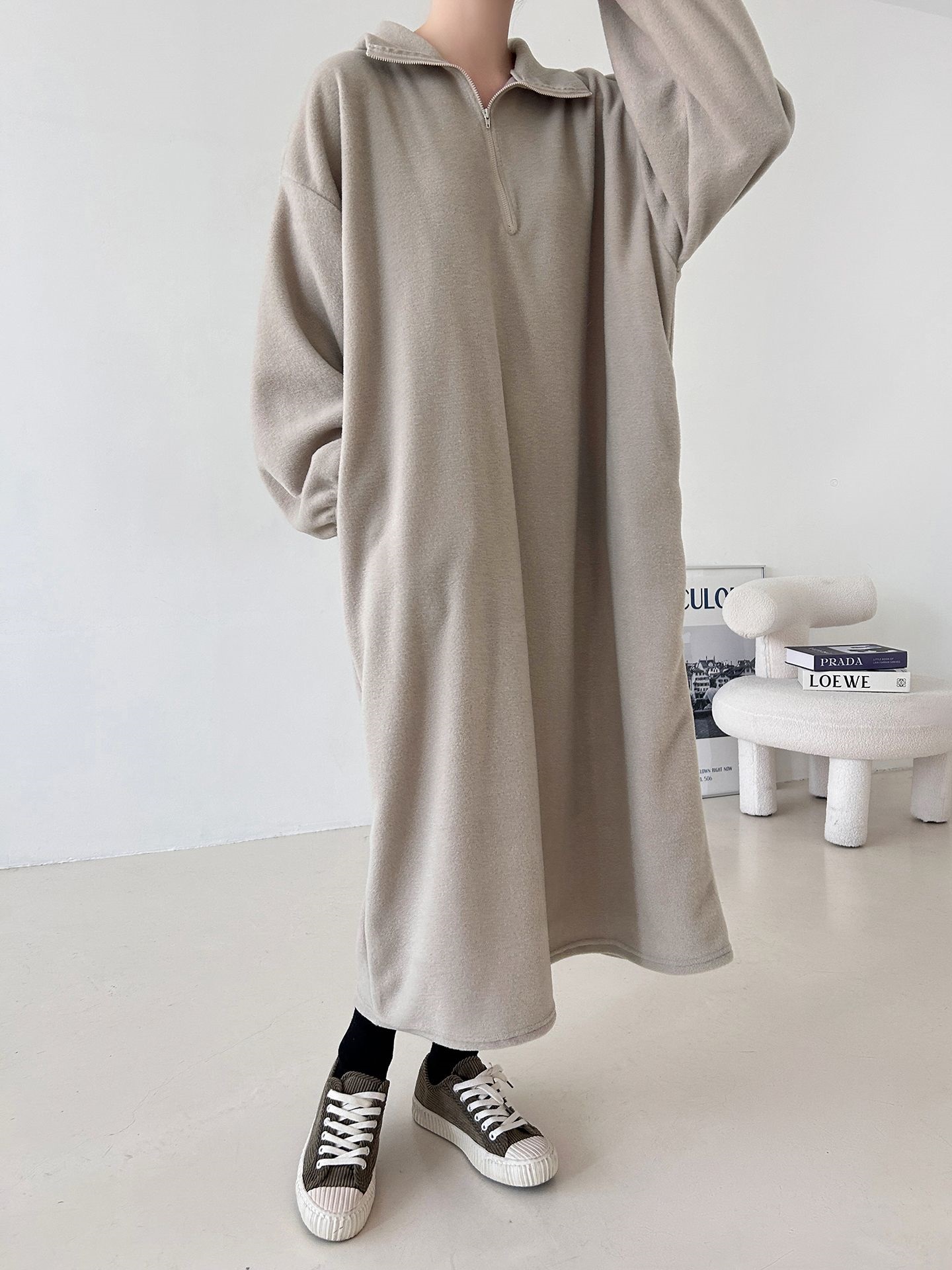 フリースハーフジップボクシーロング長袖カラーワンピース | 詳細画像13