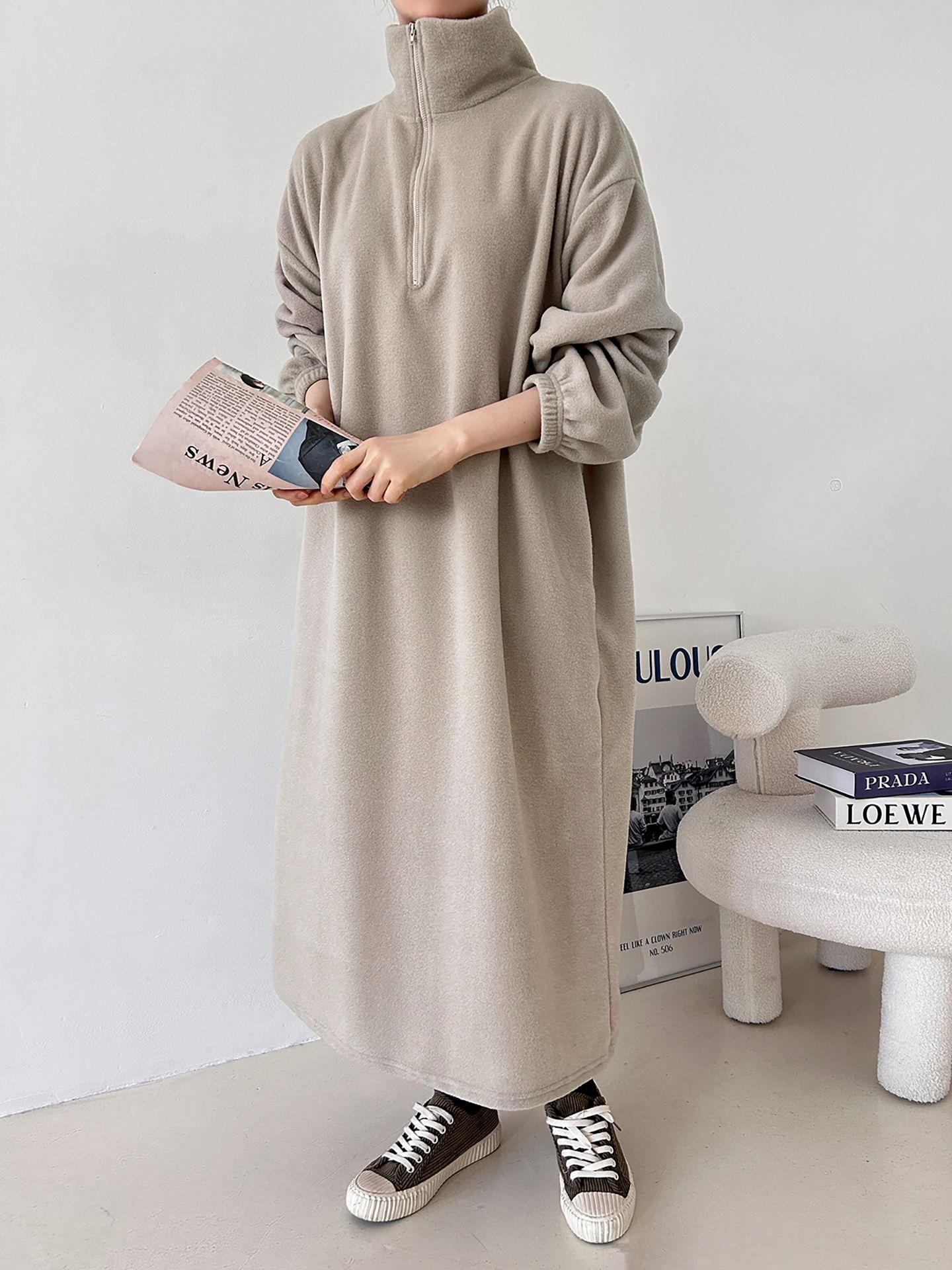 フリースハーフジップボクシーロング長袖カラーワンピース | 詳細画像14