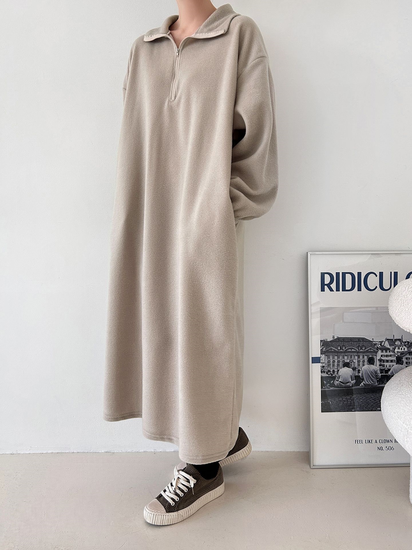 フリースハーフジップボクシーロング長袖カラーワンピース | 詳細画像15