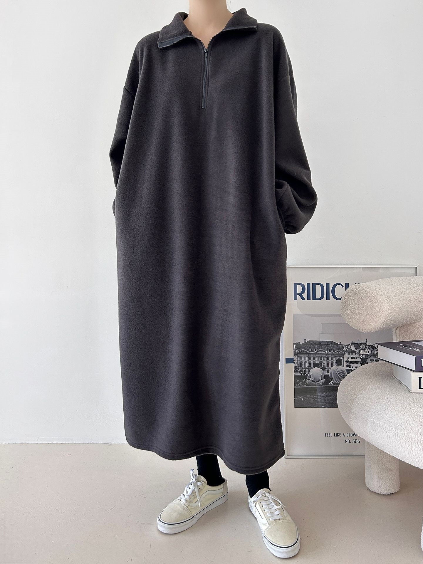フリースハーフジップボクシーロング長袖カラーワンピース | 詳細画像16