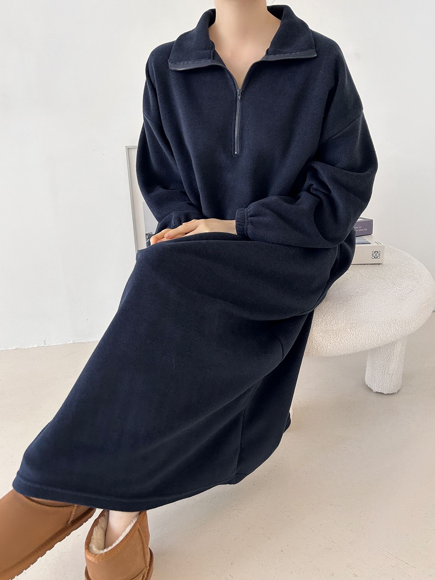 フリースハーフジップボクシーロング長袖カラーワンピース | 詳細画像17