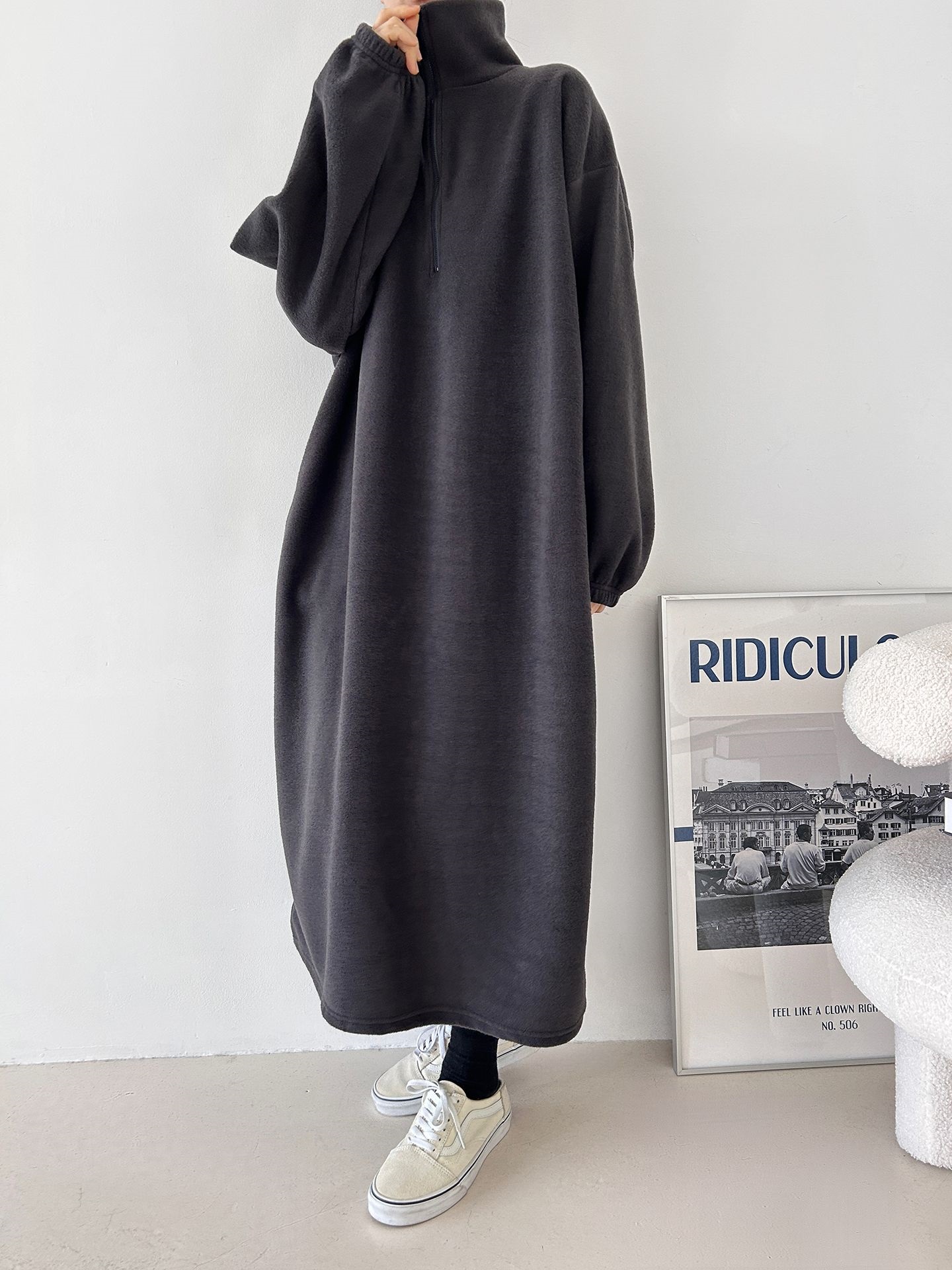 フリースハーフジップボクシーロング長袖カラーワンピース | 詳細画像18