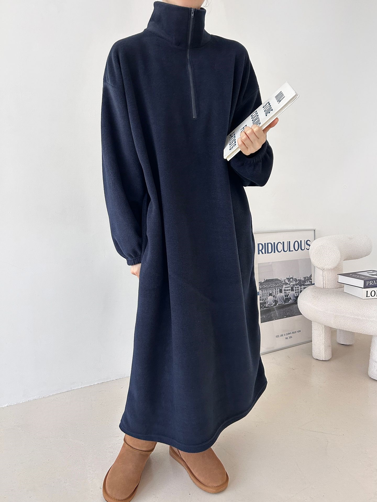 フリースハーフジップボクシーロング長袖カラーワンピース | 詳細画像19