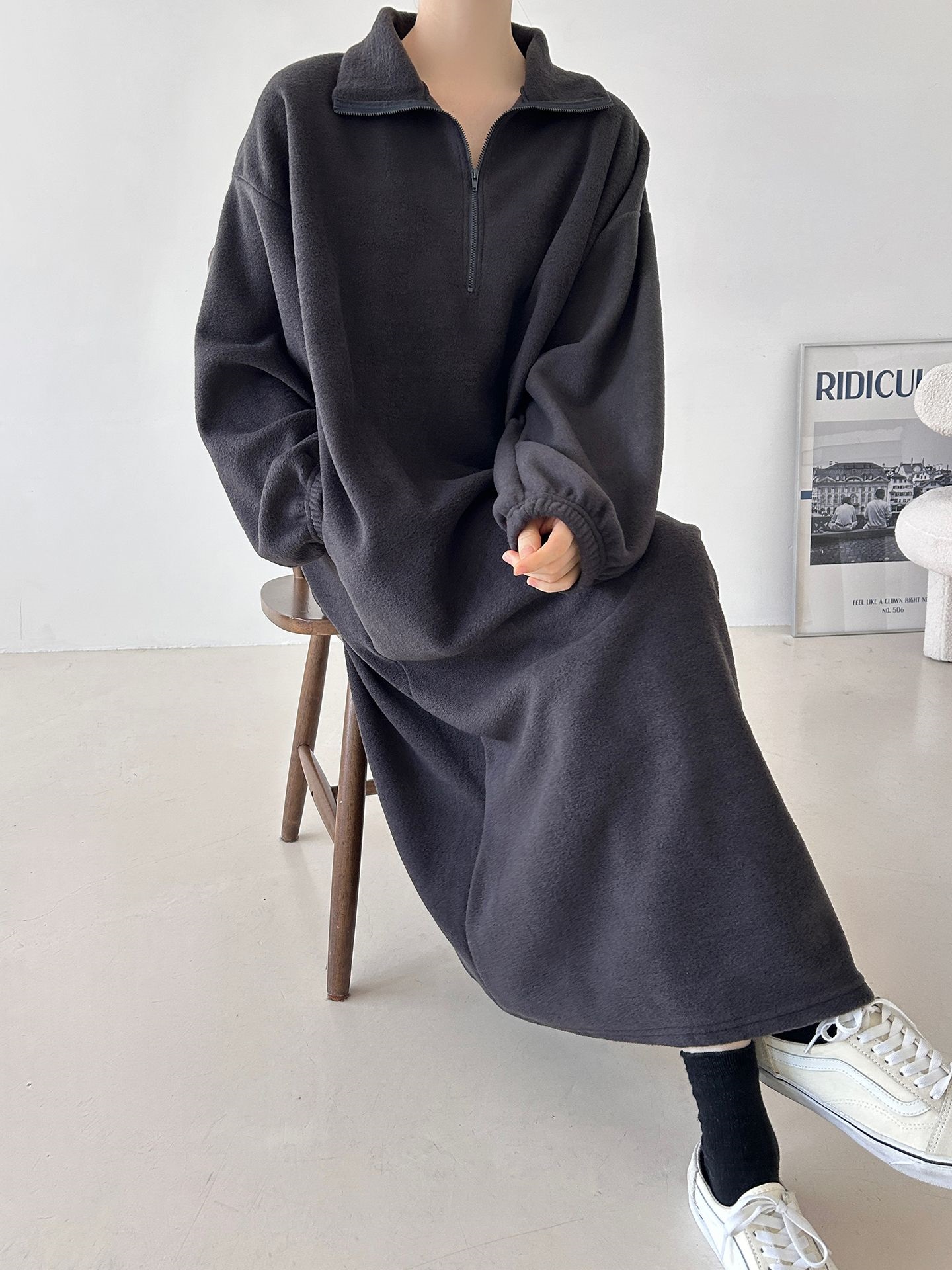 フリースハーフジップボクシーロング長袖カラーワンピース | 詳細画像20