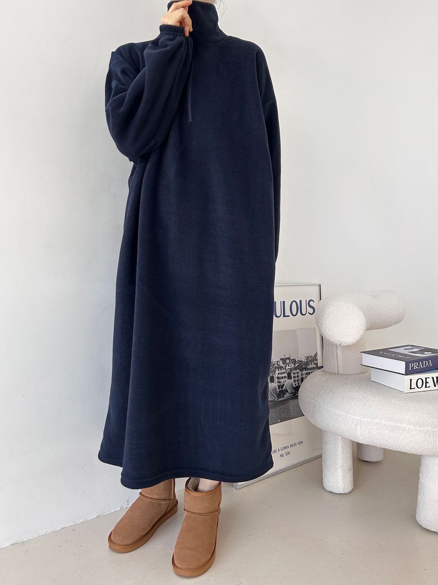 フリースハーフジップボクシーロング長袖カラーワンピース | 詳細画像21