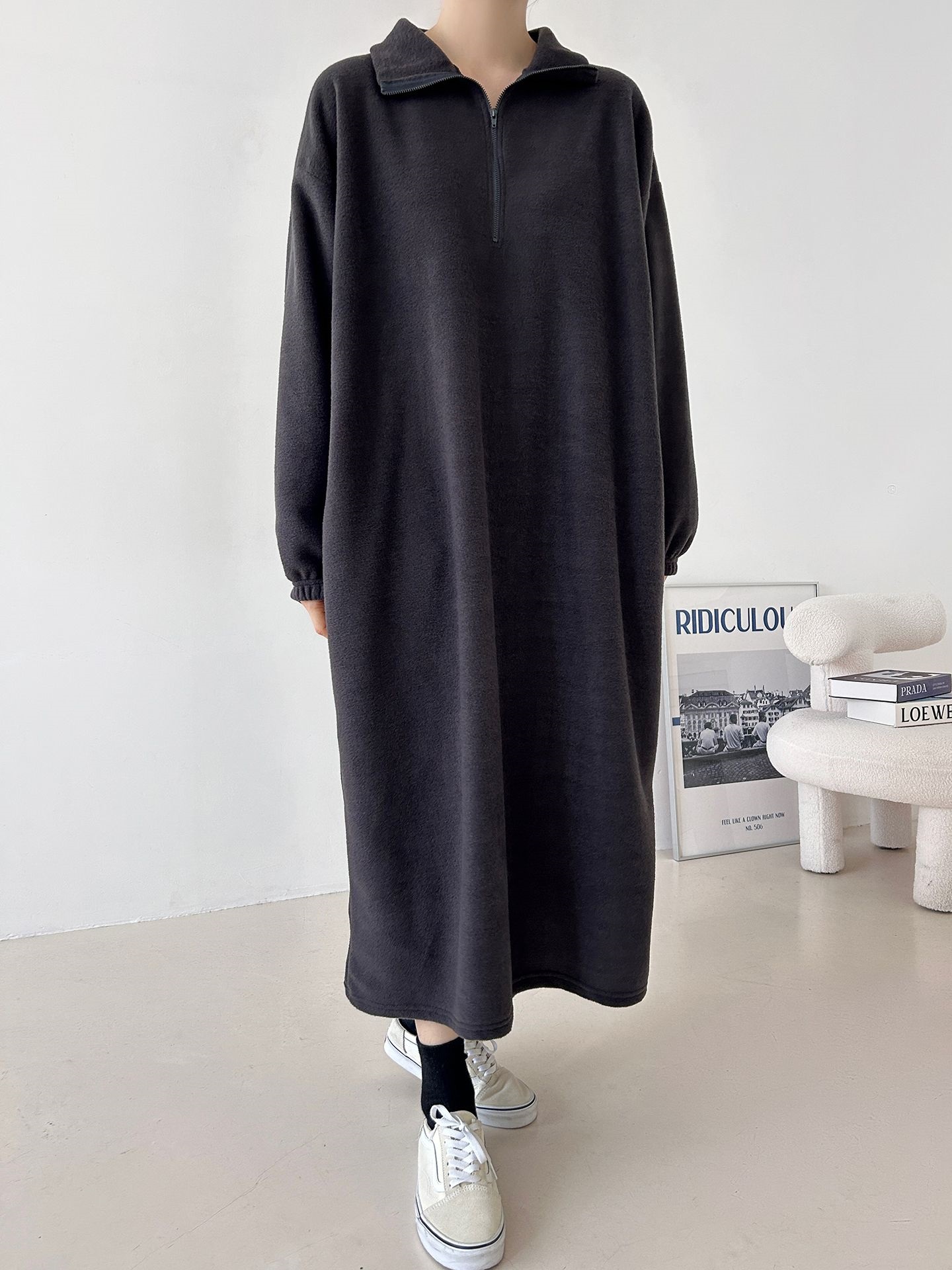 フリースハーフジップボクシーロング長袖カラーワンピース | 詳細画像22