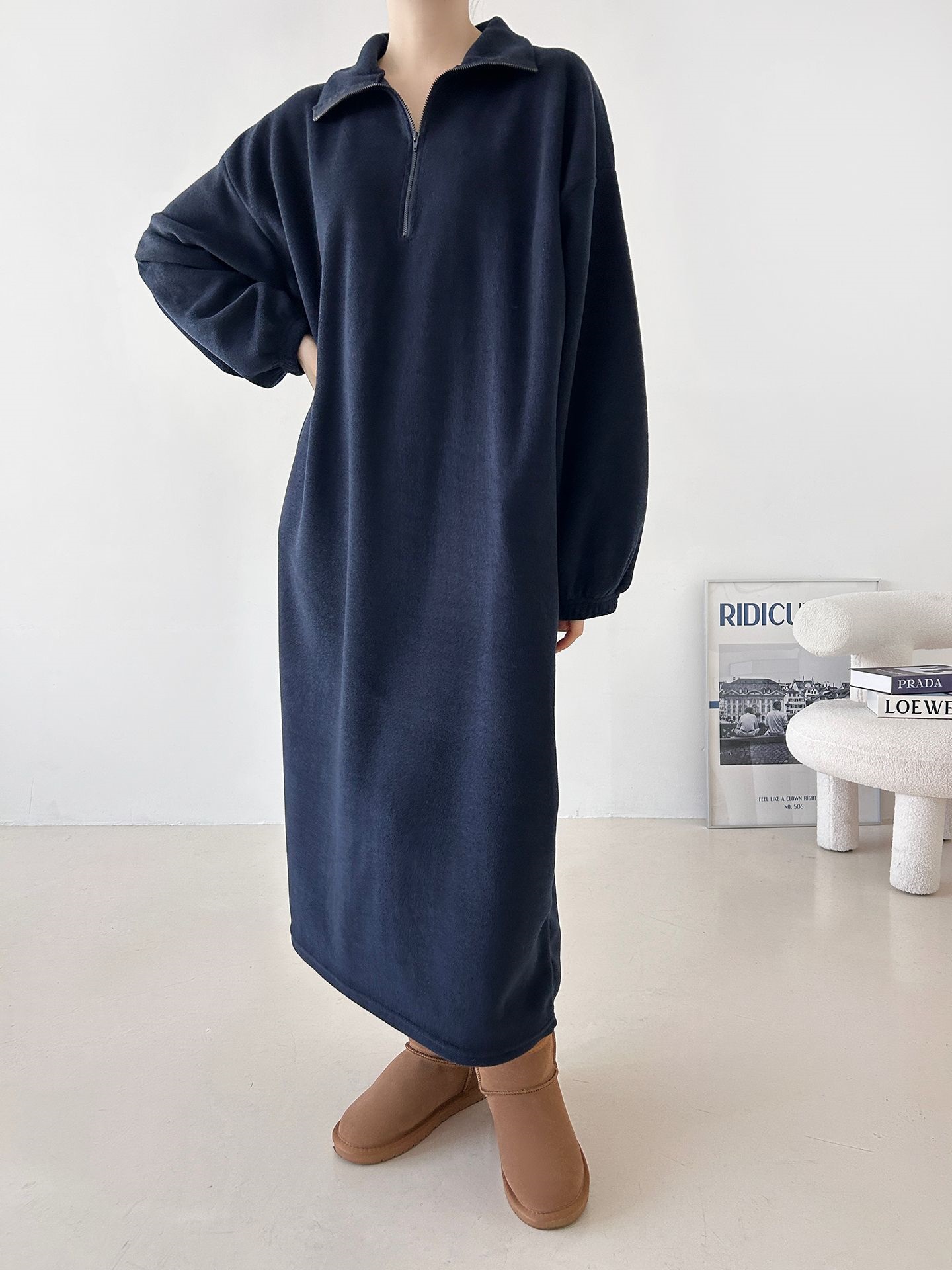 フリースハーフジップボクシーロング長袖カラーワンピース | 詳細画像23