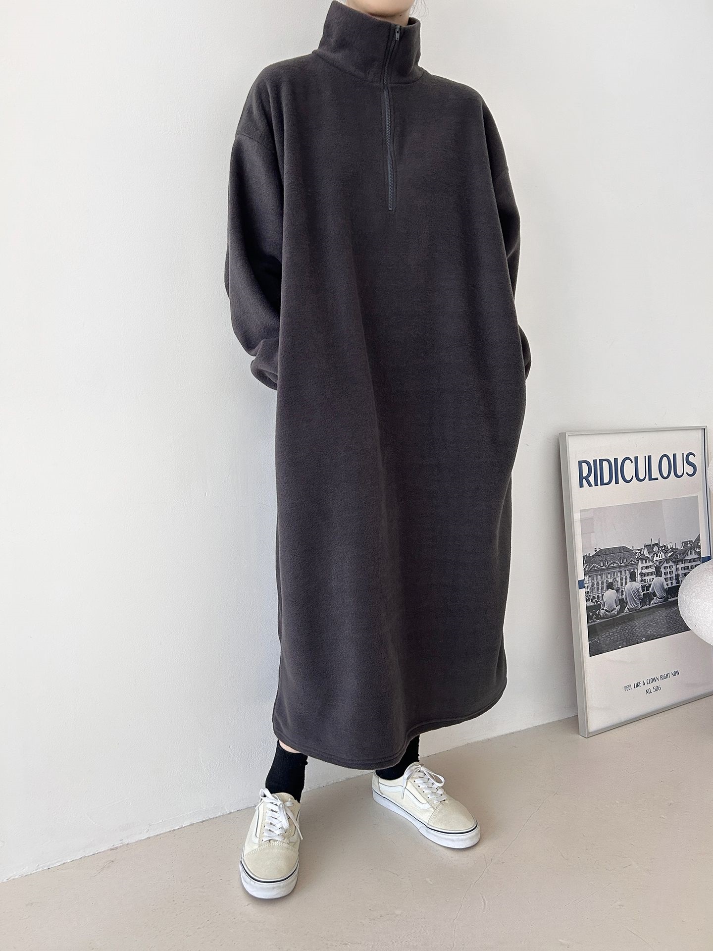 フリースハーフジップボクシーロング長袖カラーワンピース | 詳細画像24