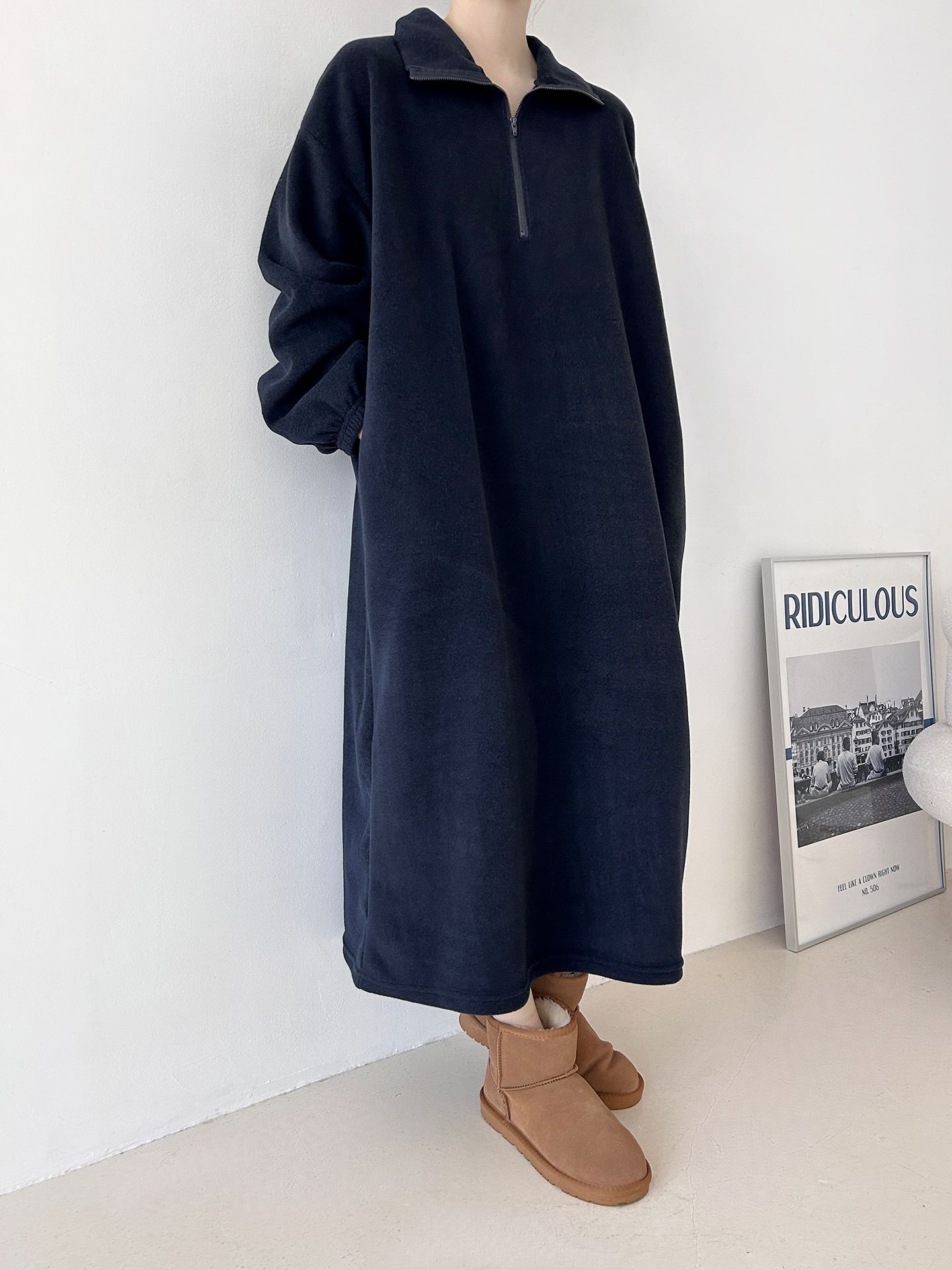 フリースハーフジップボクシーロング長袖カラーワンピース | 詳細画像25