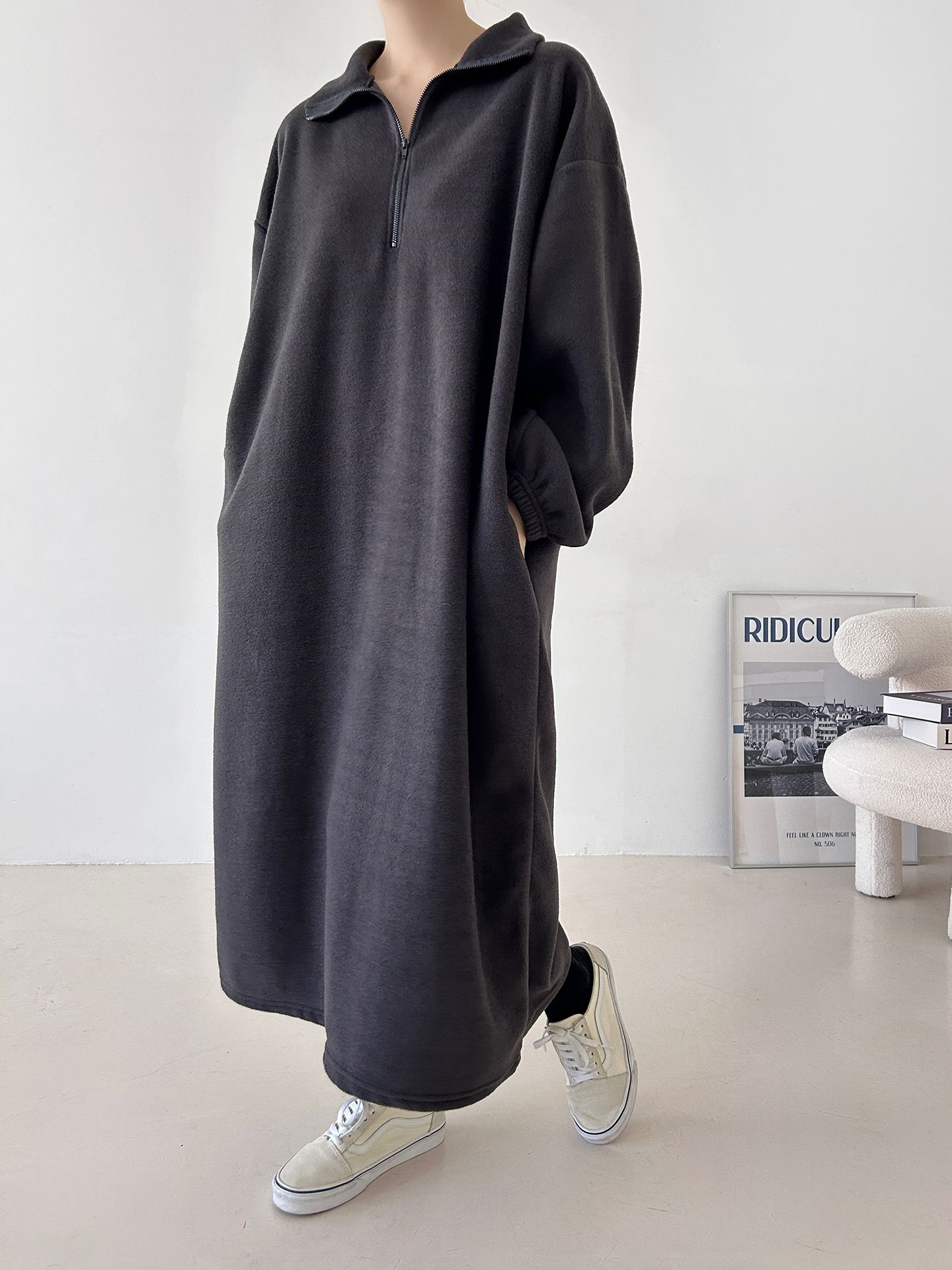 フリースハーフジップボクシーロング長袖カラーワンピース | 詳細画像26