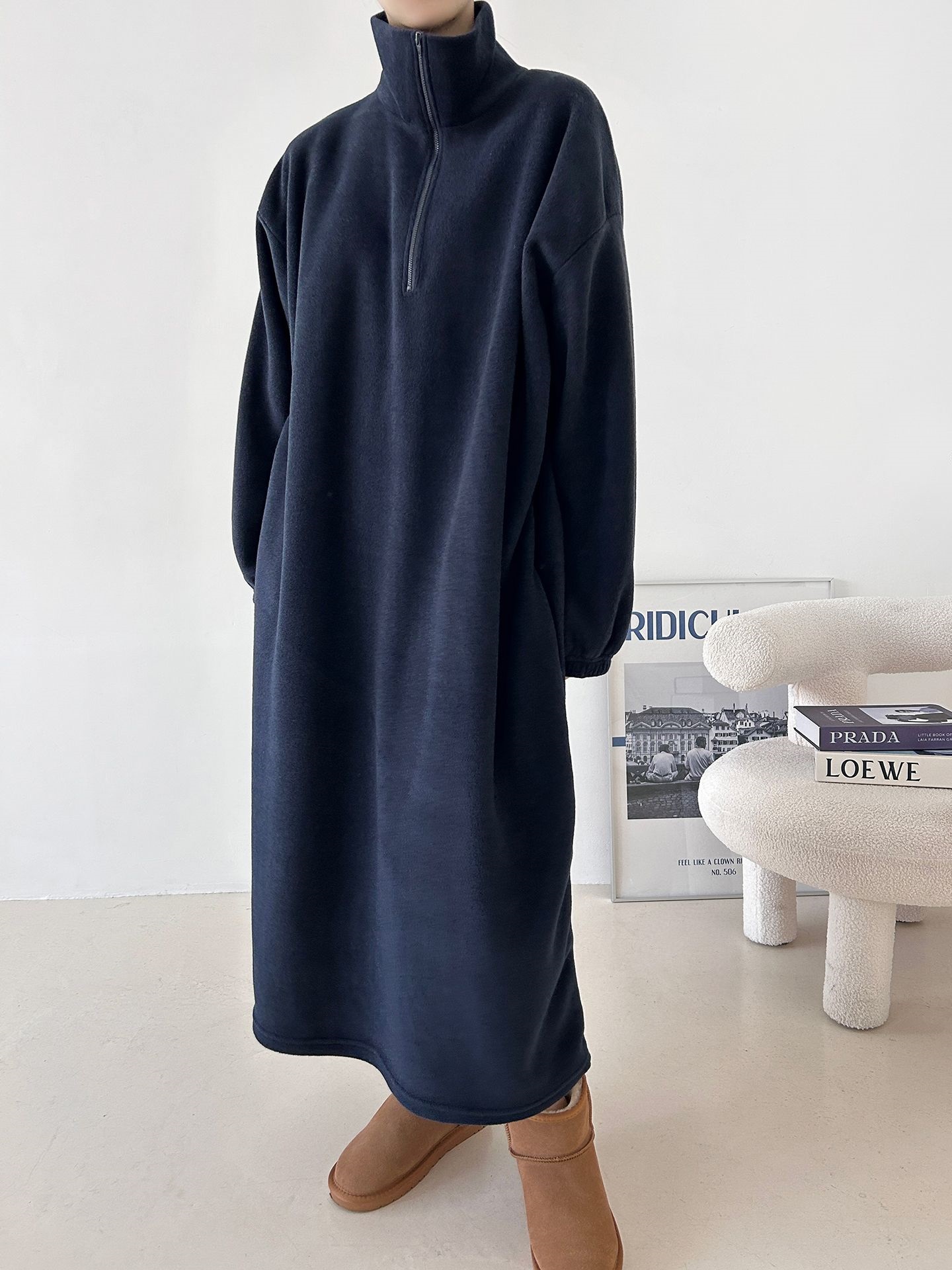 フリースハーフジップボクシーロング長袖カラーワンピース | 詳細画像27