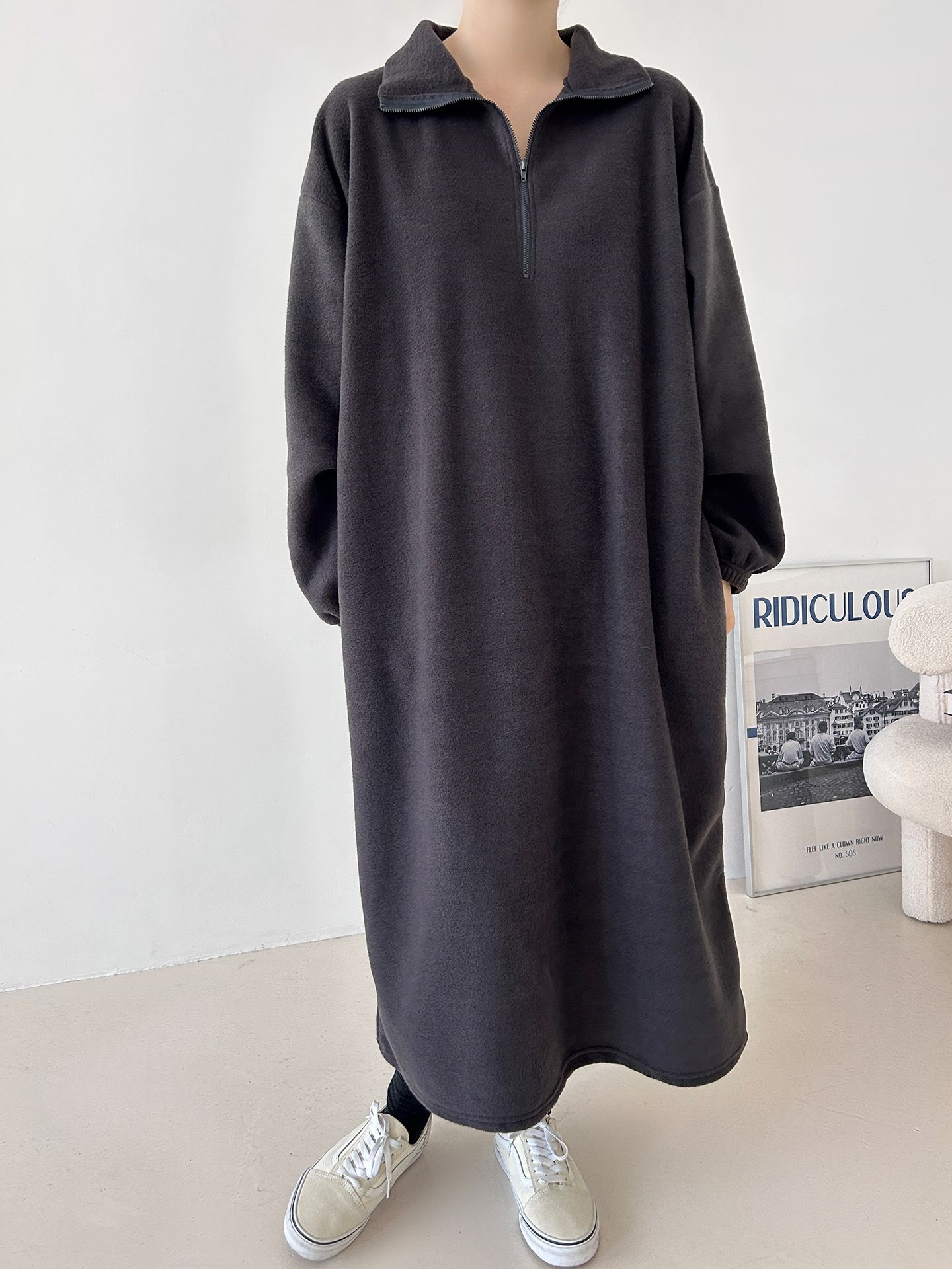 フリースハーフジップボクシーロング長袖カラーワンピース | 詳細画像28