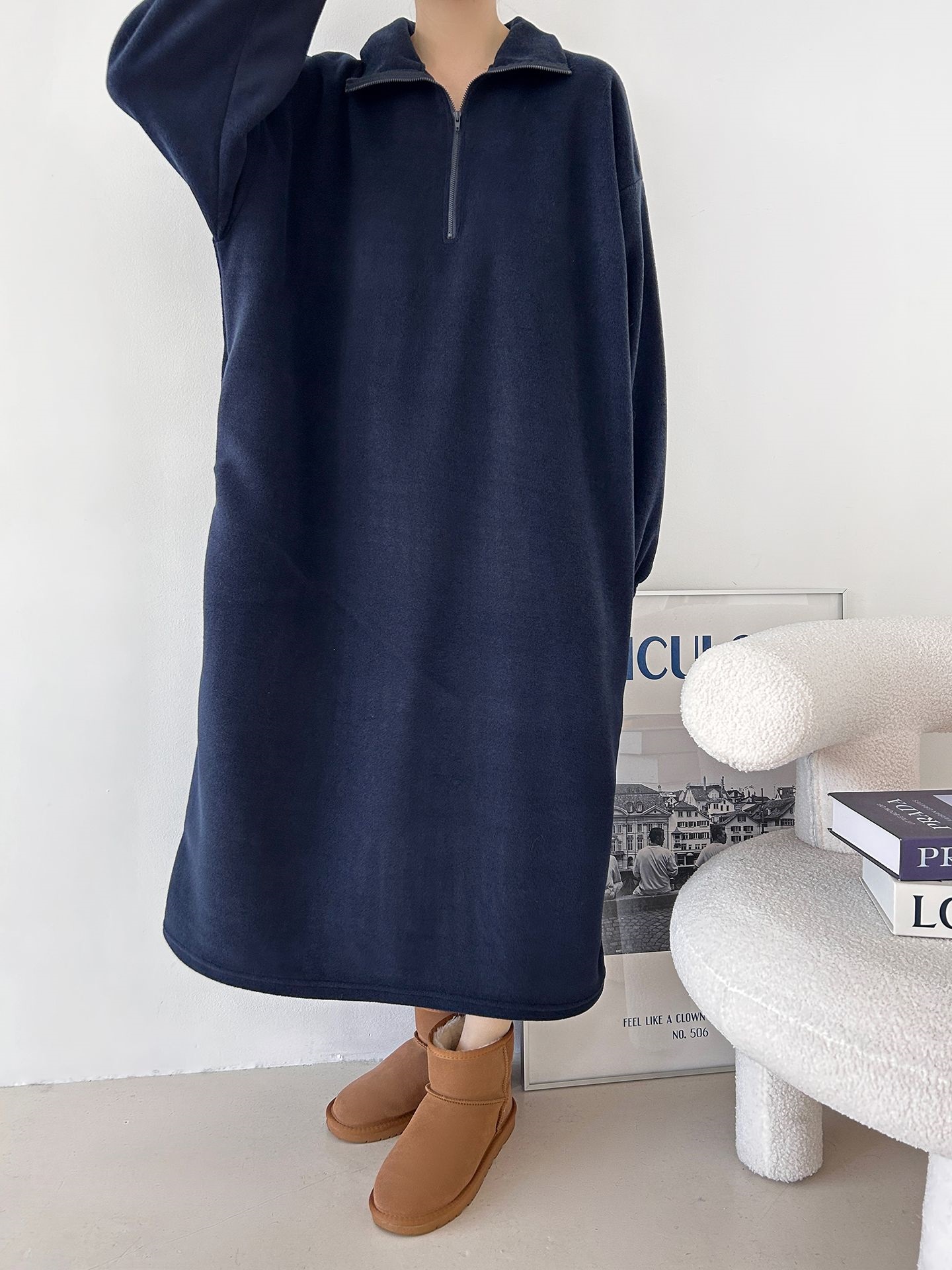 フリースハーフジップボクシーロング長袖カラーワンピース | 詳細画像29