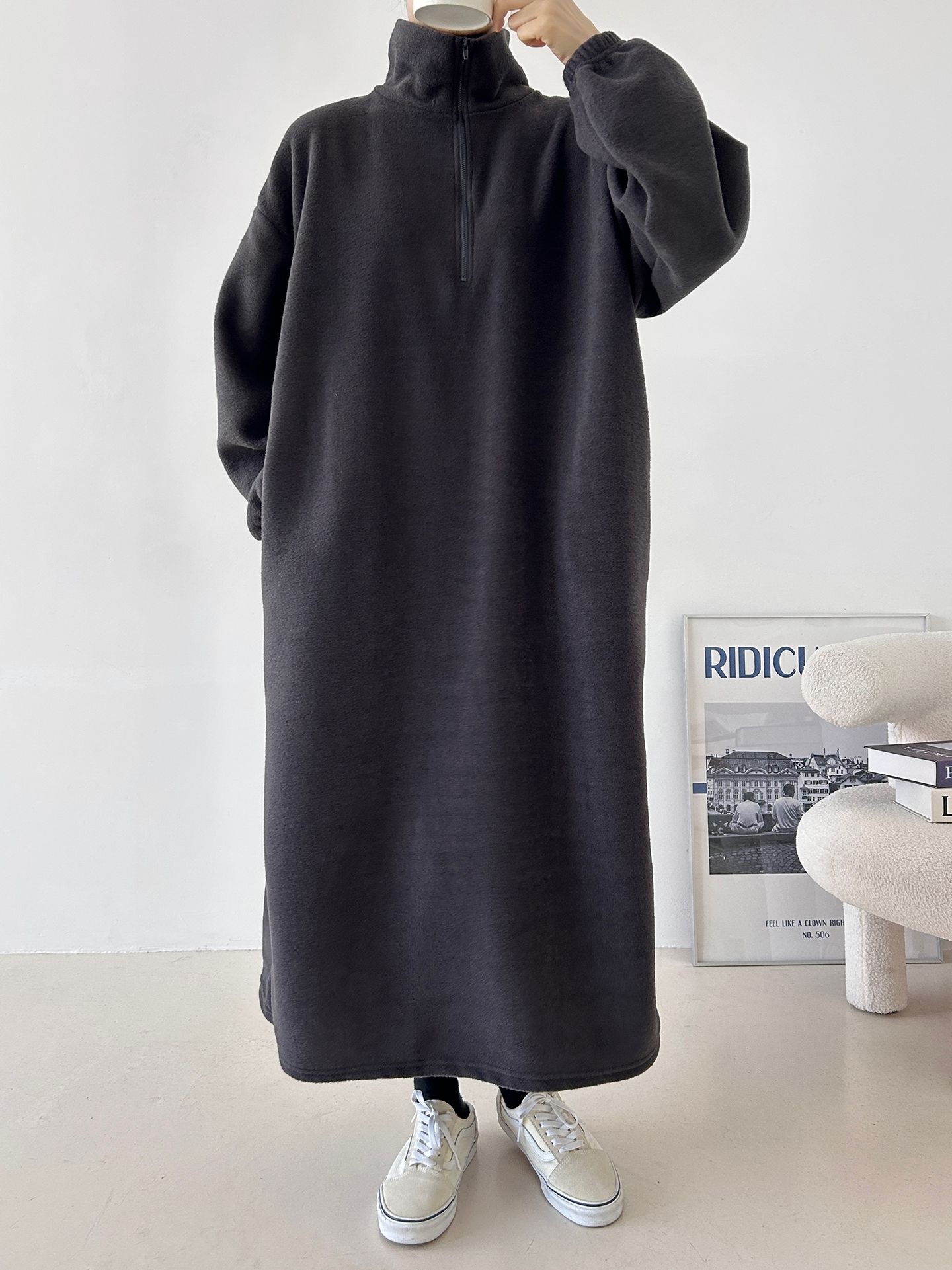フリースハーフジップボクシーロング長袖カラーワンピース | 詳細画像30