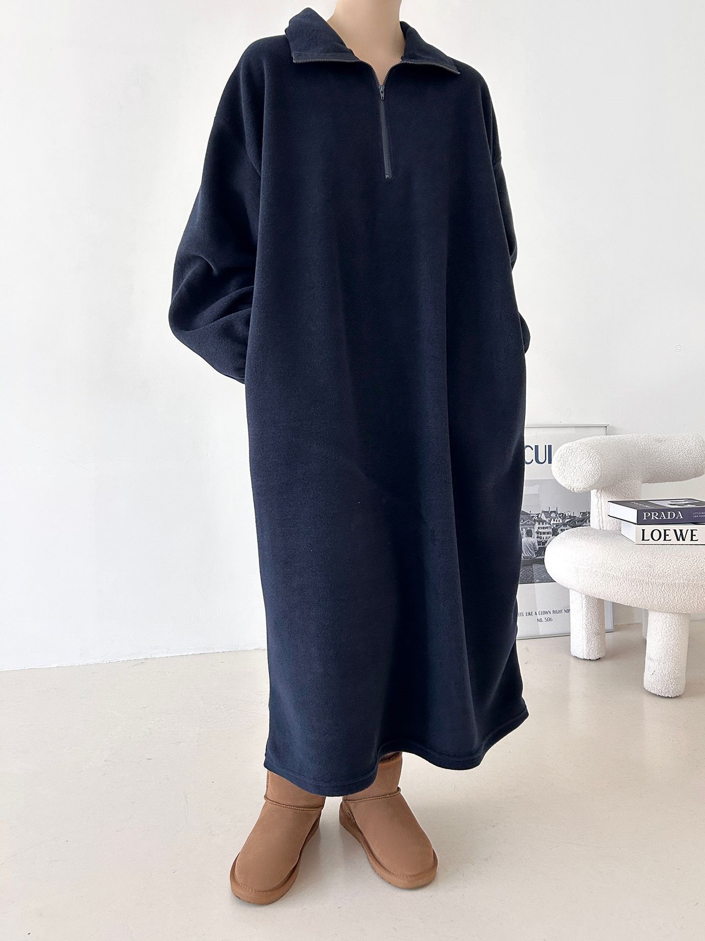 フリースハーフジップボクシーロング長袖カラーワンピース | 詳細画像31