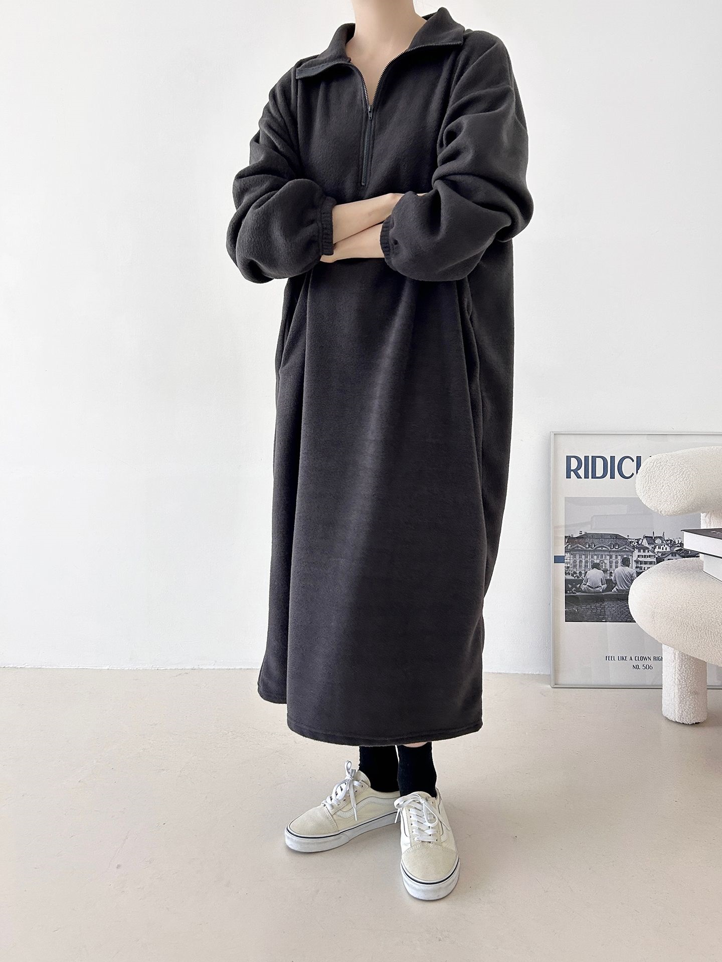 フリースハーフジップボクシーロング長袖カラーワンピース | 詳細画像32