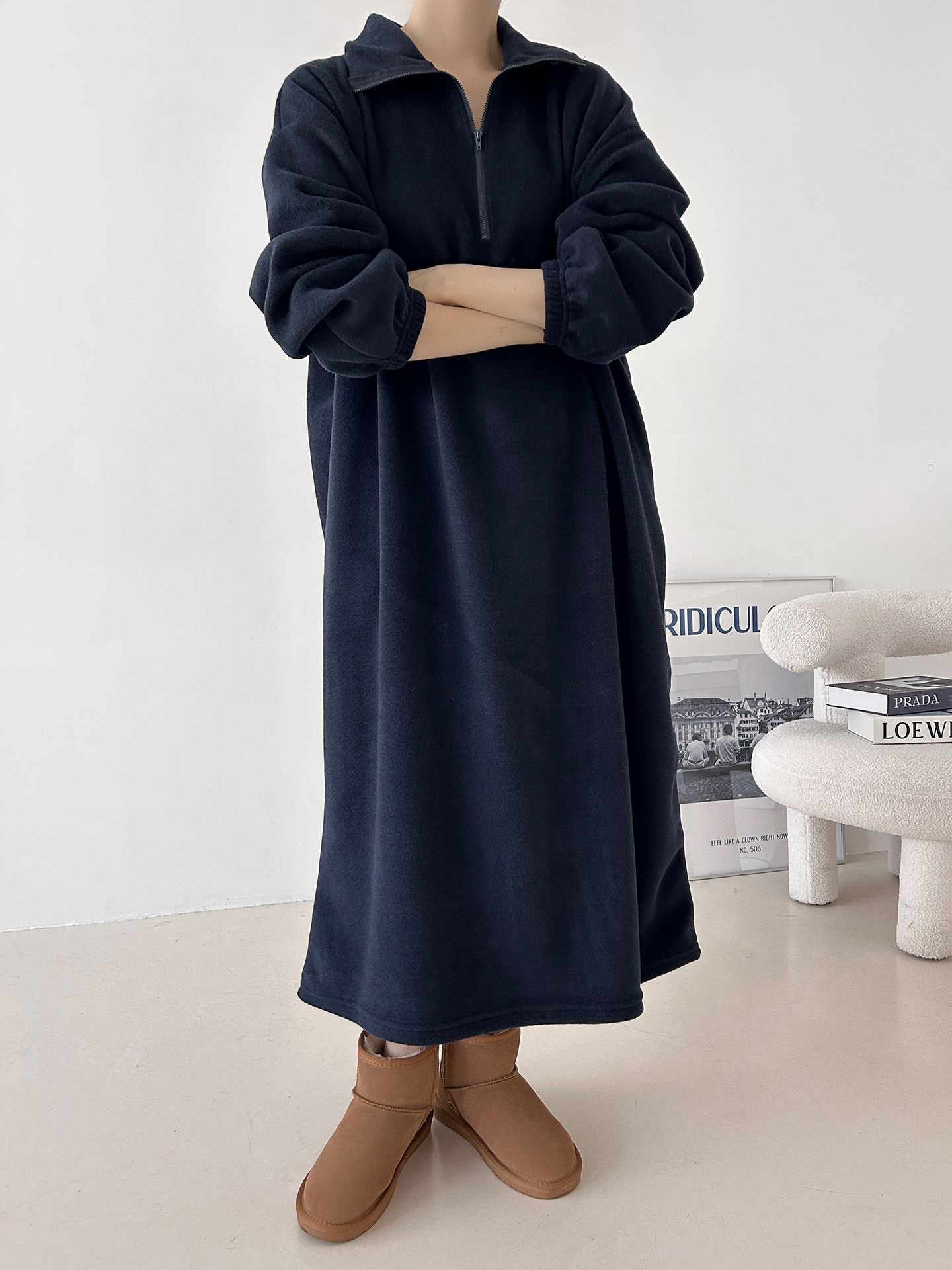 フリースハーフジップボクシーロング長袖カラーワンピース | 詳細画像33