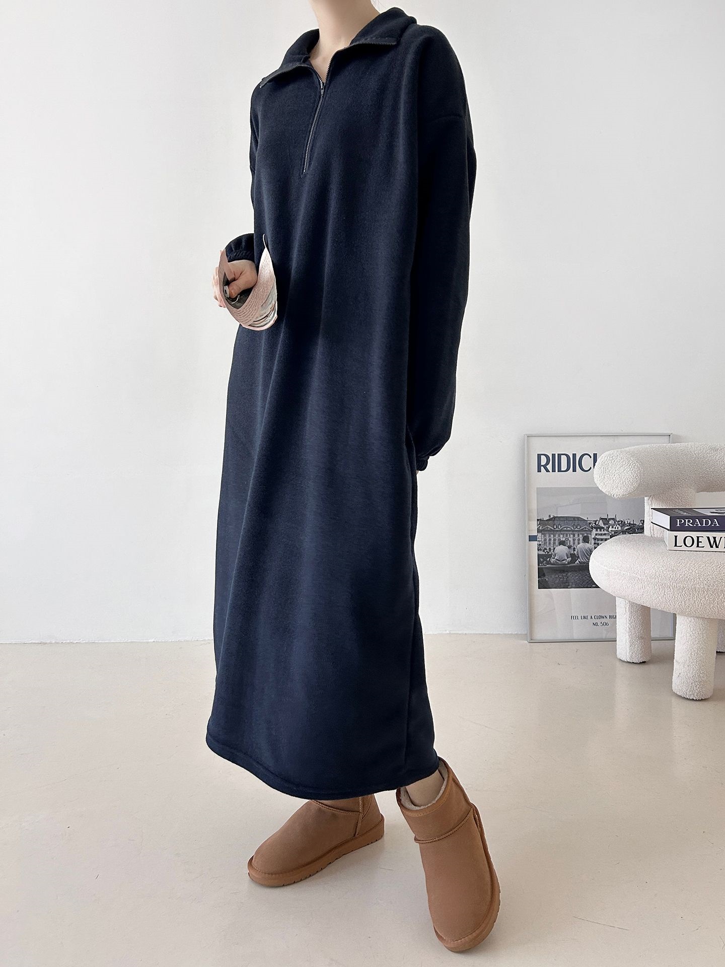 フリースハーフジップボクシーロング長袖カラーワンピース | 詳細画像34