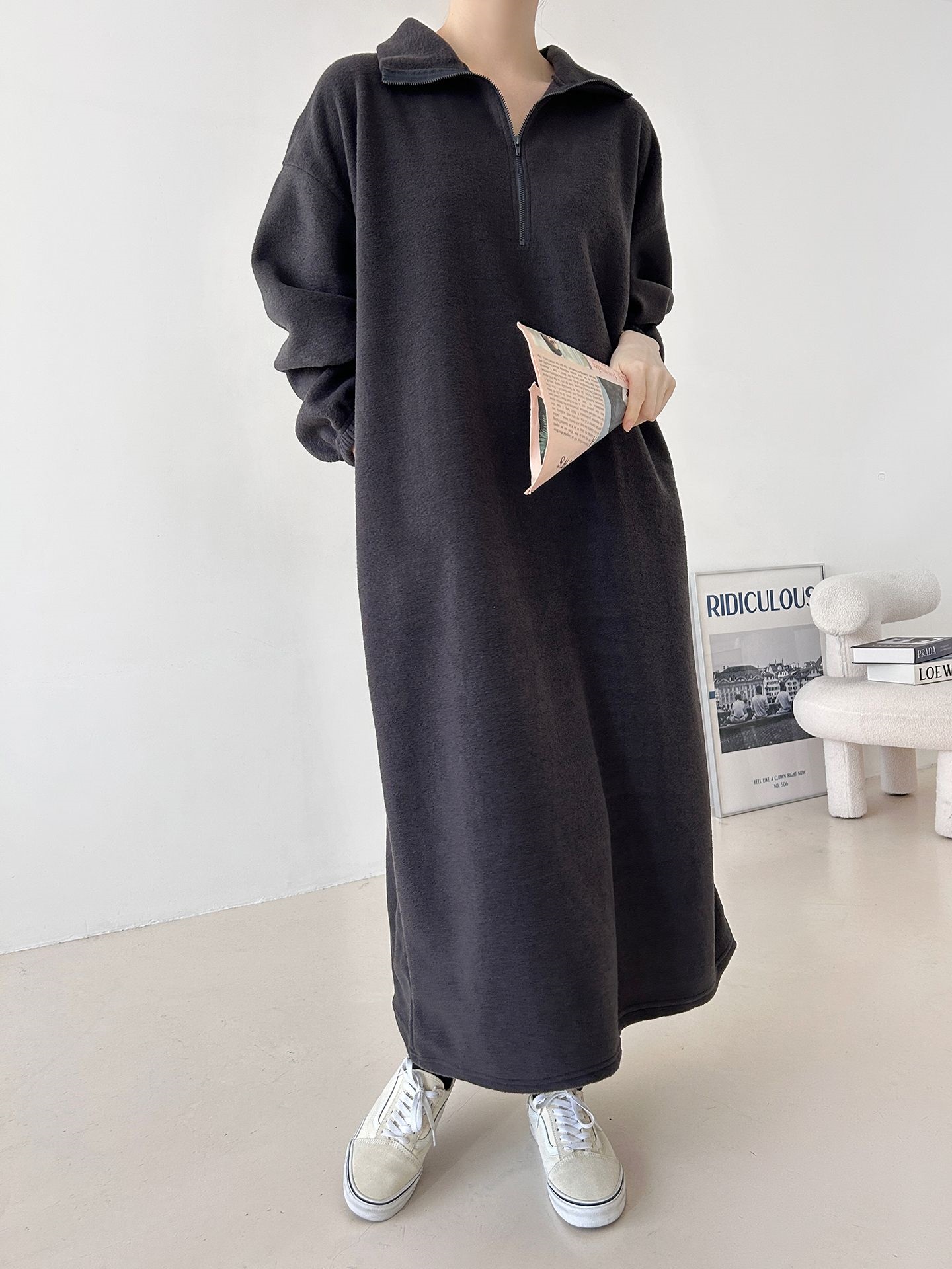 フリースハーフジップボクシーロング長袖カラーワンピース | 詳細画像35