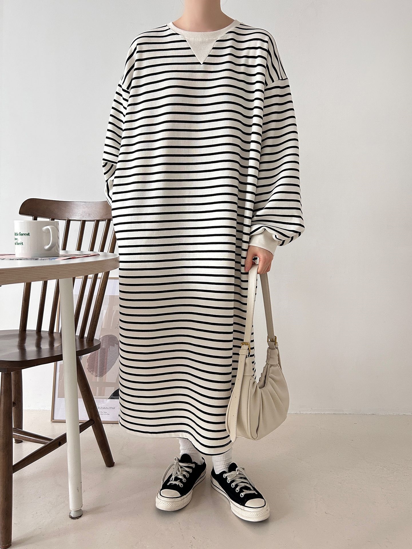 裏起毛ラウンドネックボクシーロングボーダーカラーワンピース | 詳細画像3