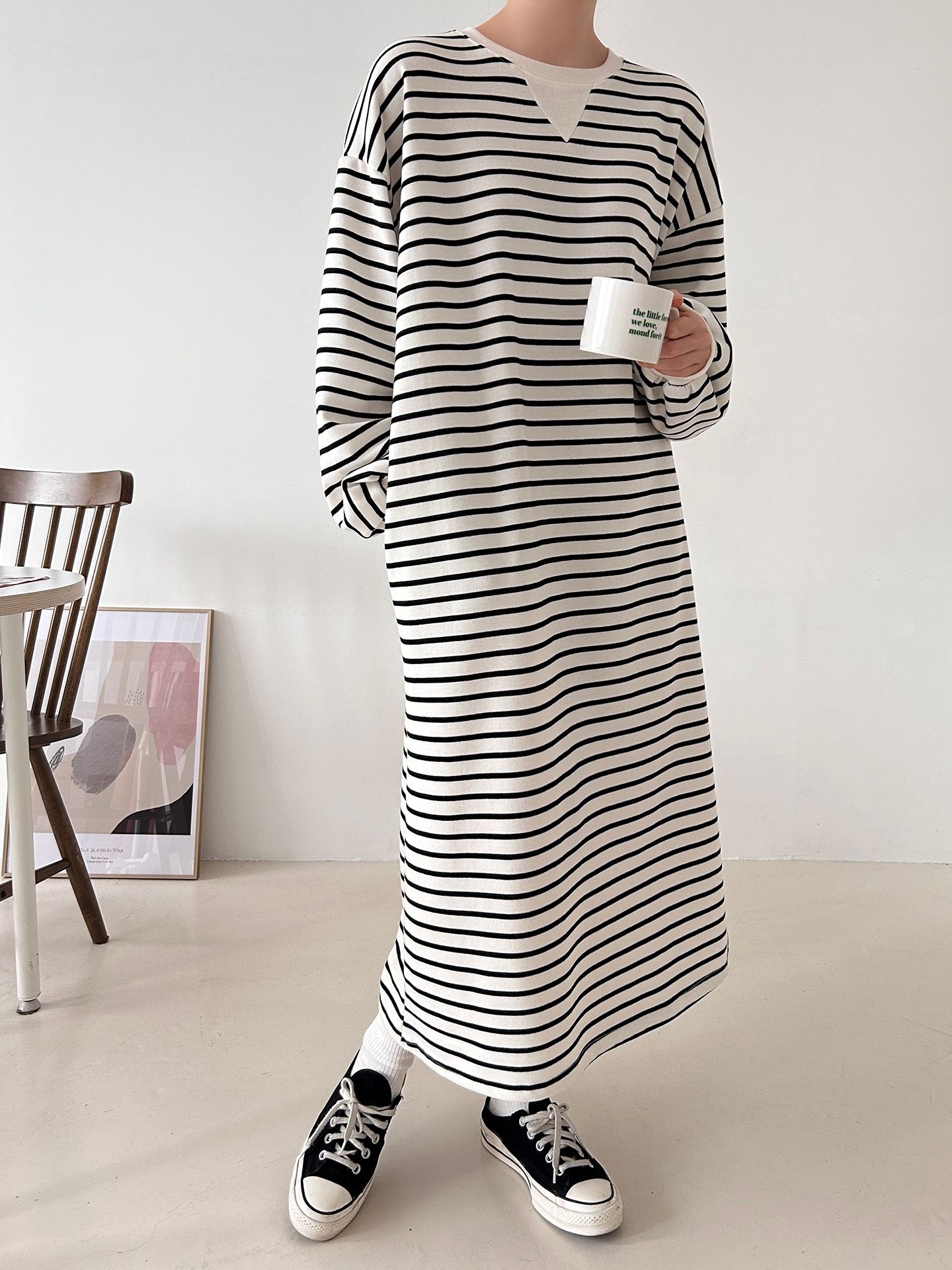 裏起毛ラウンドネックボクシーロングボーダーカラーワンピース | 詳細画像4