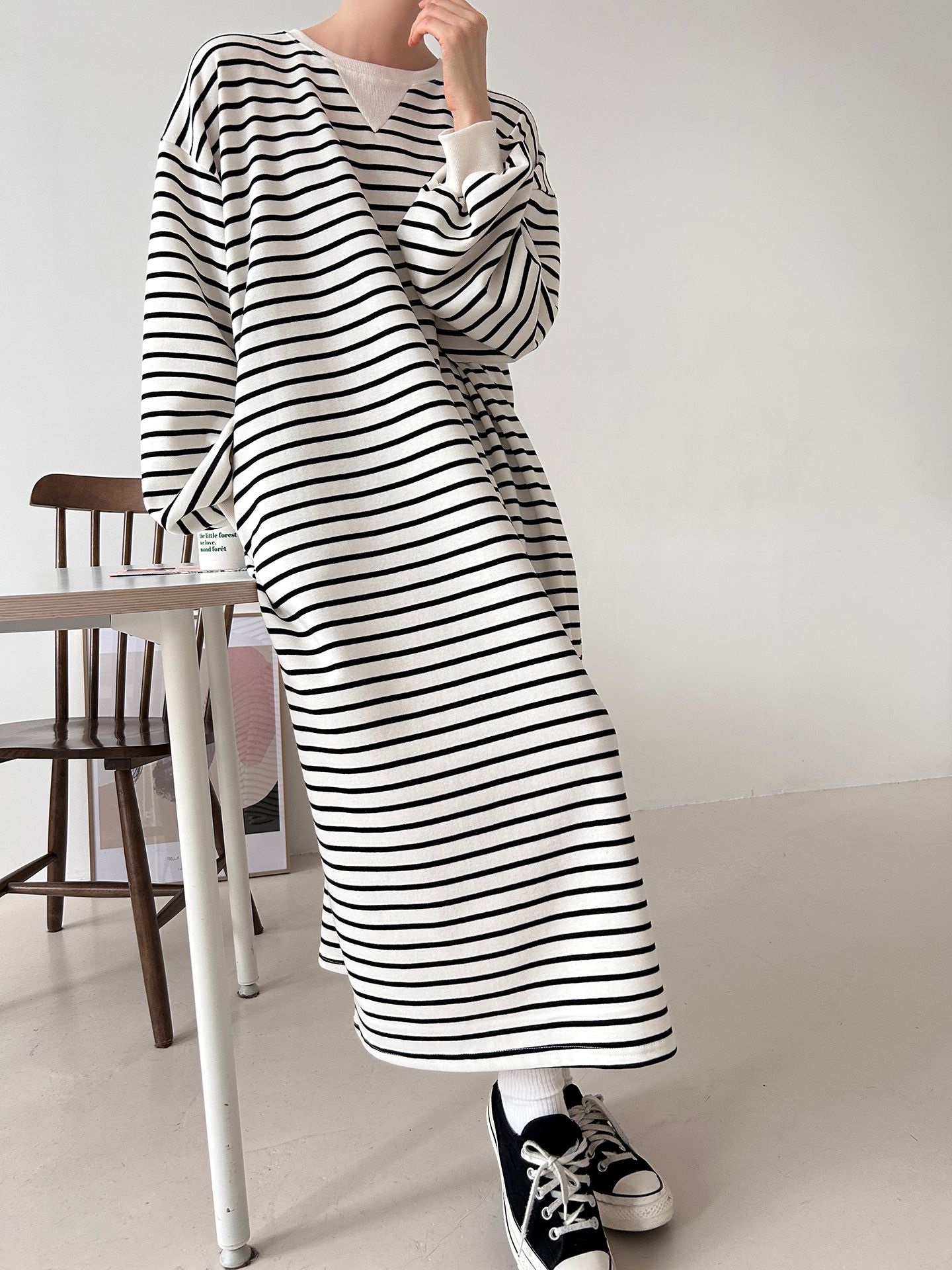 裏起毛ラウンドネックボクシーロングボーダーカラーワンピース | 詳細画像5