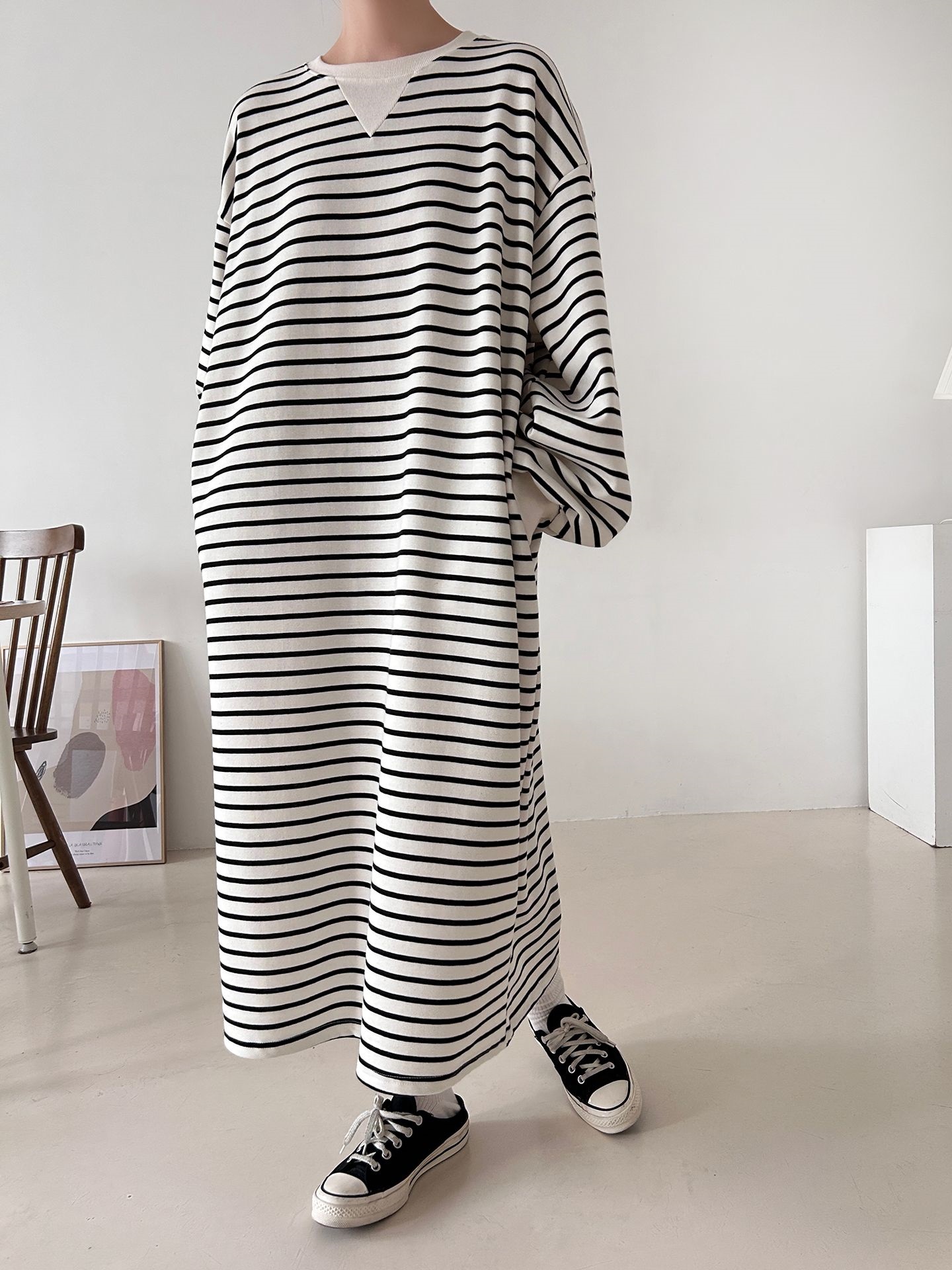 裏起毛ラウンドネックボクシーロングボーダーカラーワンピース | 詳細画像6