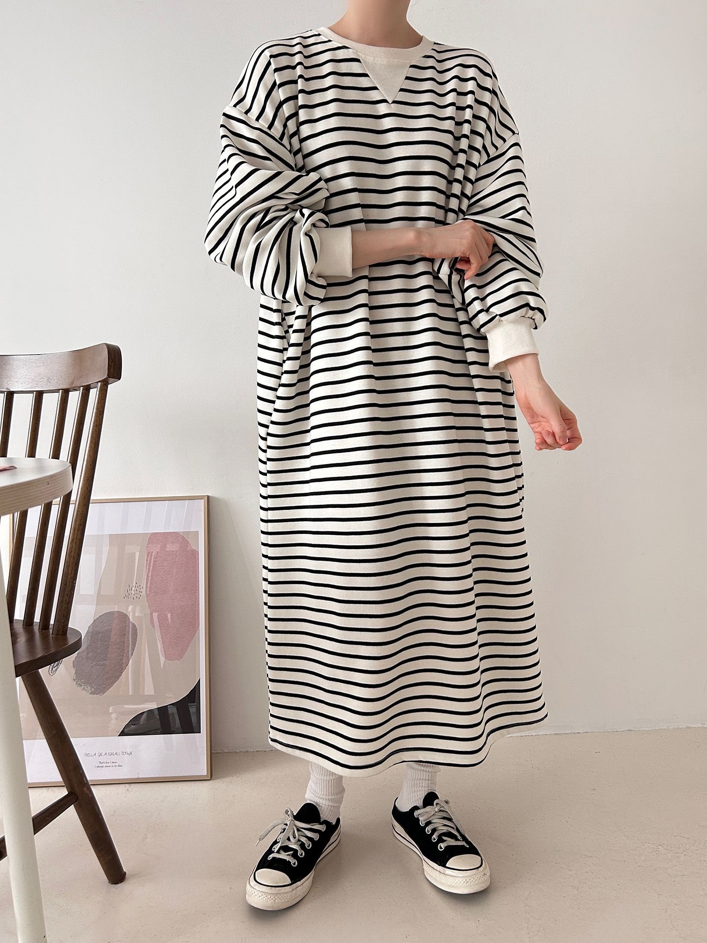 裏起毛ラウンドネックボクシーロングボーダーカラーワンピース | 詳細画像7