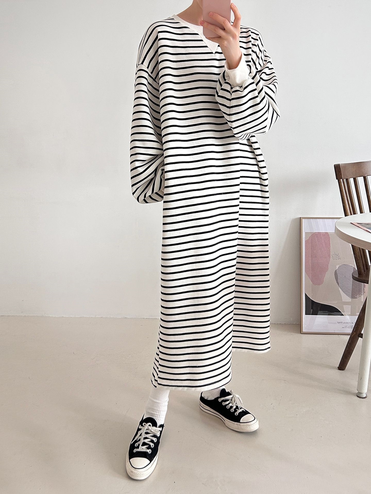 裏起毛ラウンドネックボクシーロングボーダーカラーワンピース | 詳細画像8