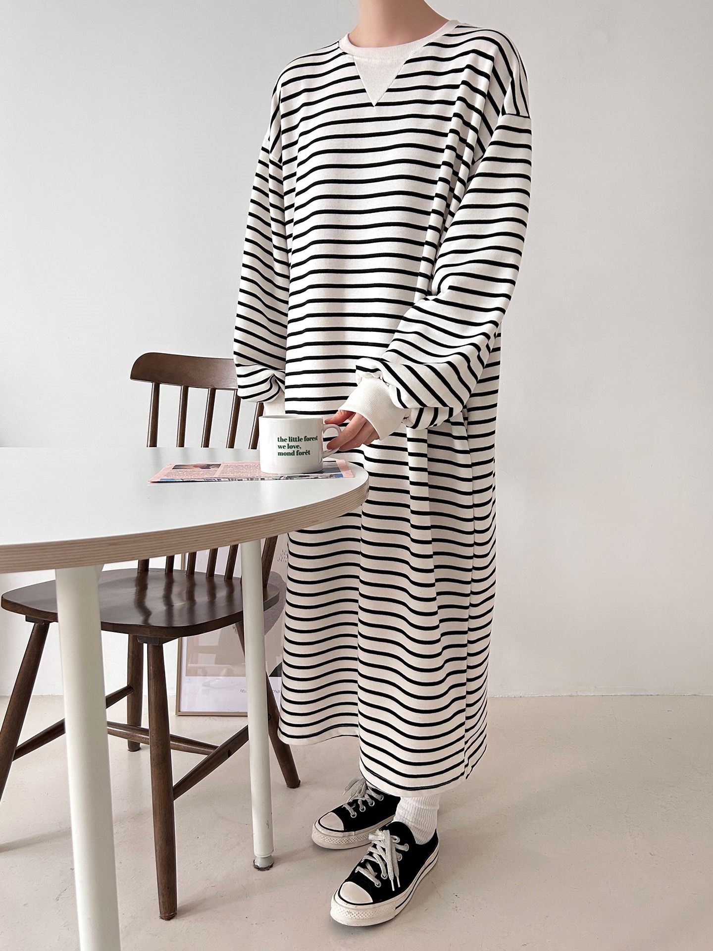 裏起毛ラウンドネックボクシーロングボーダーカラーワンピース | 詳細画像9